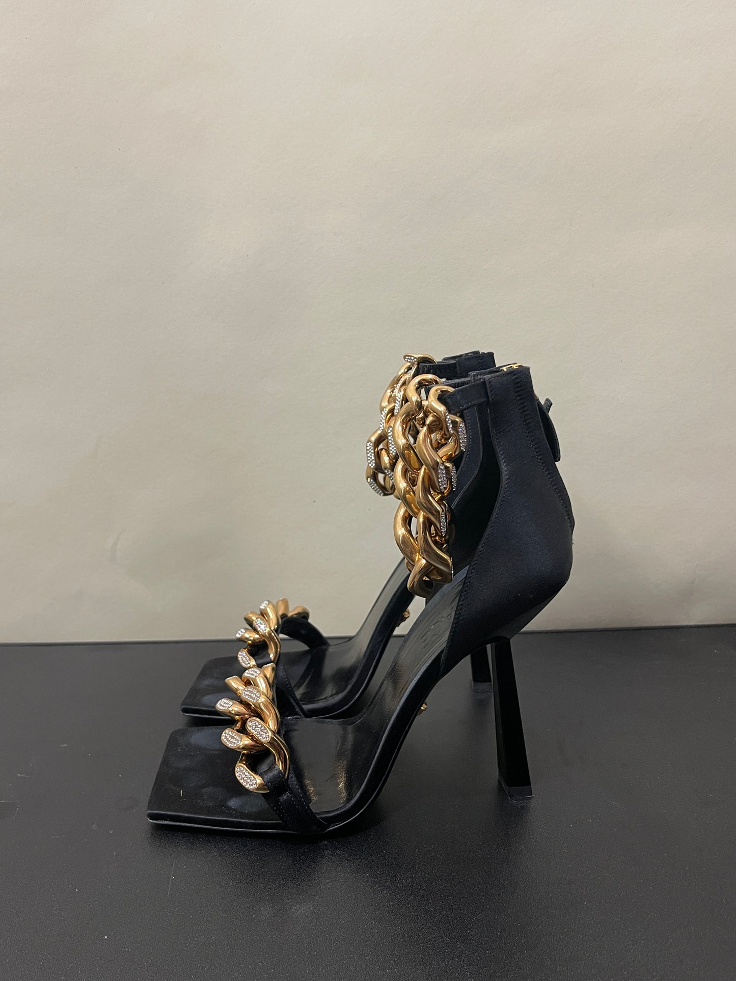 Versace Black Satin Medusa Chain High Heel Sandals 7.5 M / 9 W