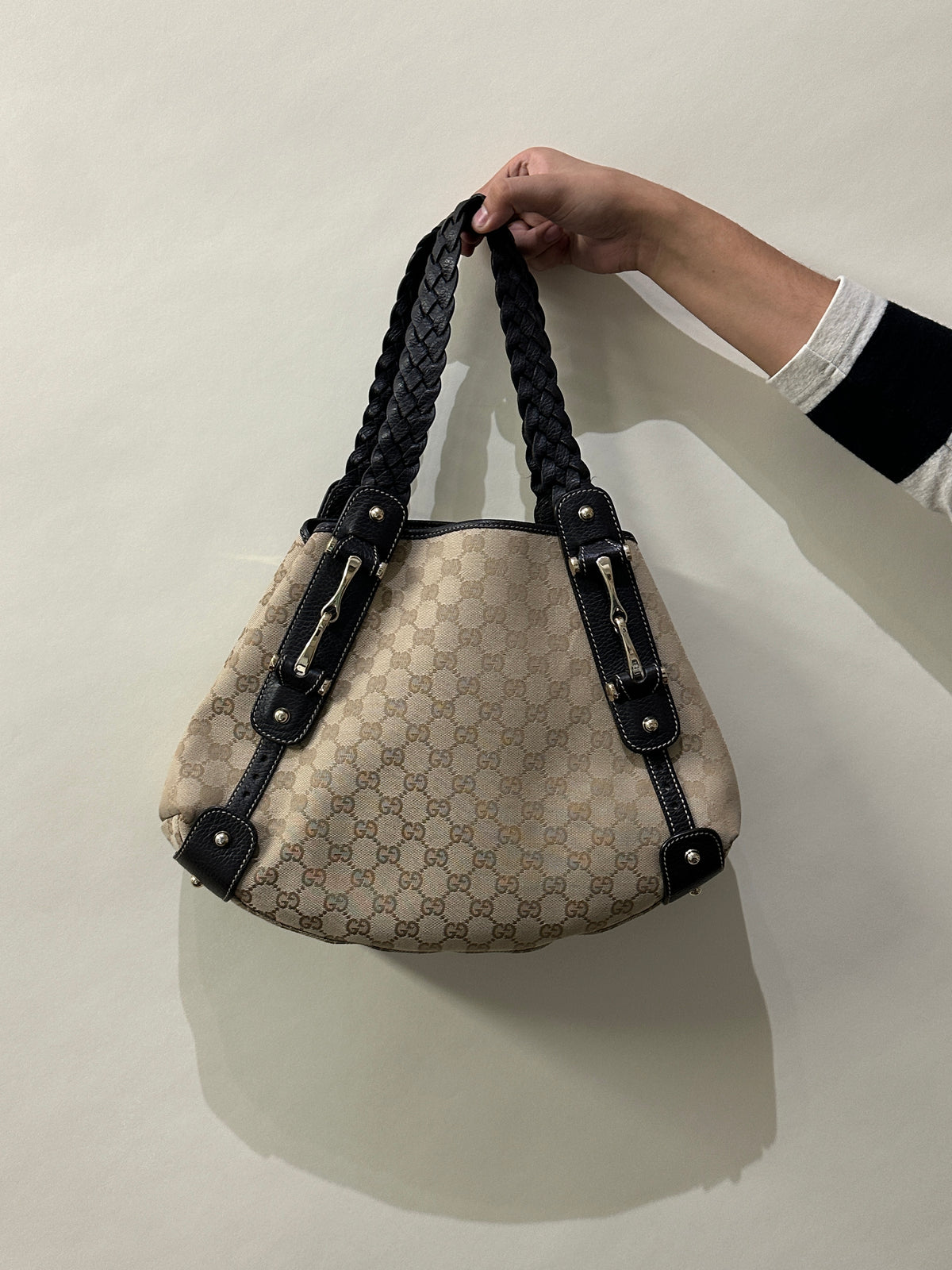 Gucci Dark Brown Leather & Canvas Monogram Pelham Bag