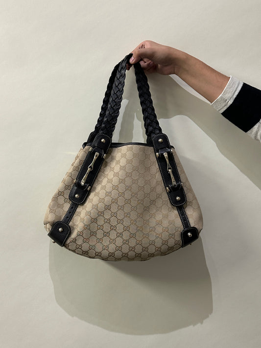 Gucci Dark Brown Leather & Canvas Monogram Pelham Bag
