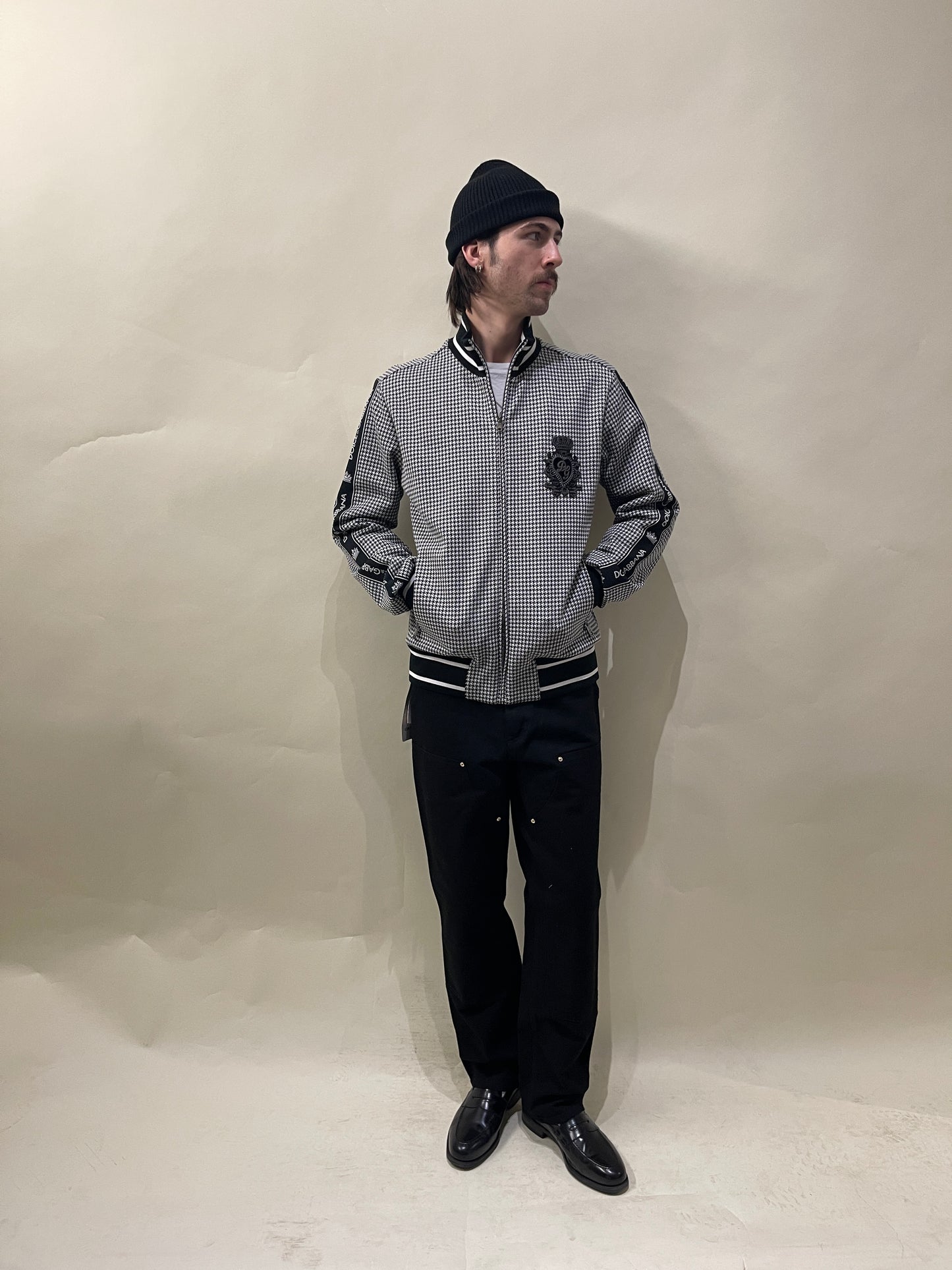 Dolce & Gabbana Black & White Houndstooth Cotton Blend Track Jacket 48