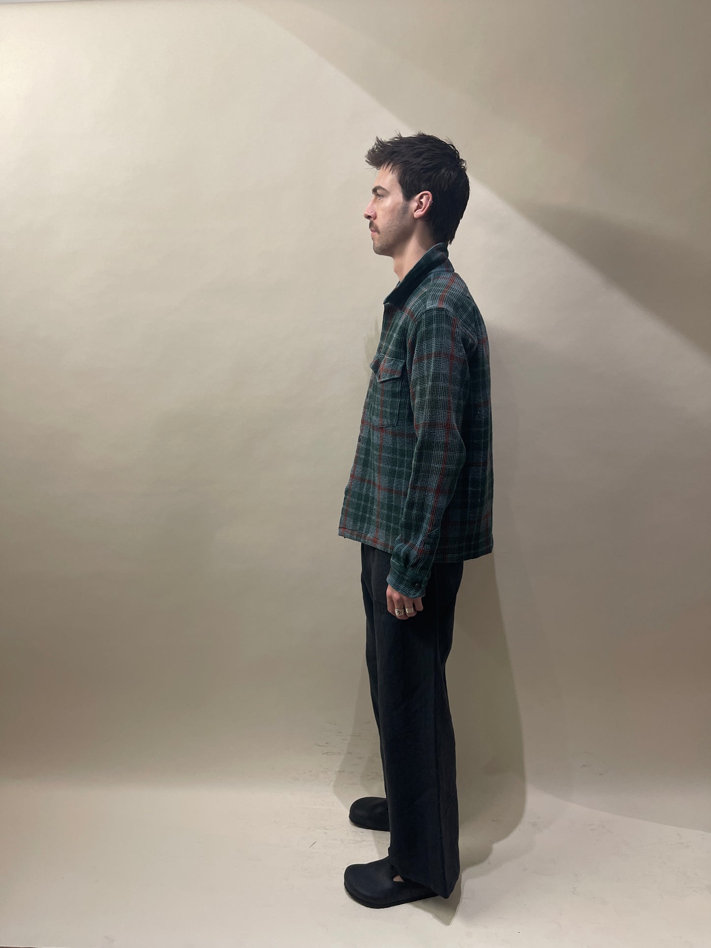 Corridor Green & Brick Plaid Waffle Cotton Overshirt Medium - M