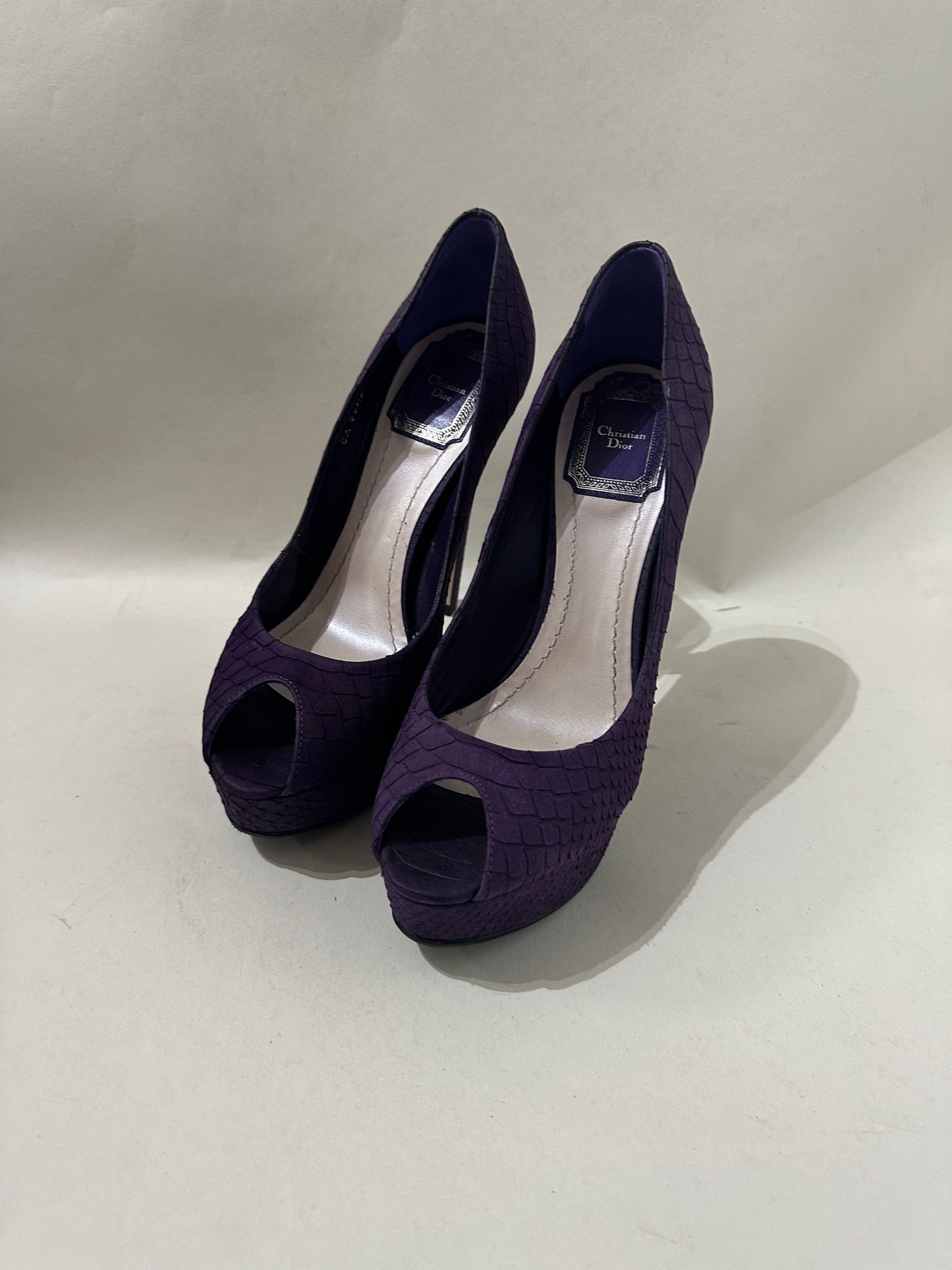 Christian Dior Purple Croc Embossed Miss Dior Peep Toe Heels 5 M / 6.5 W