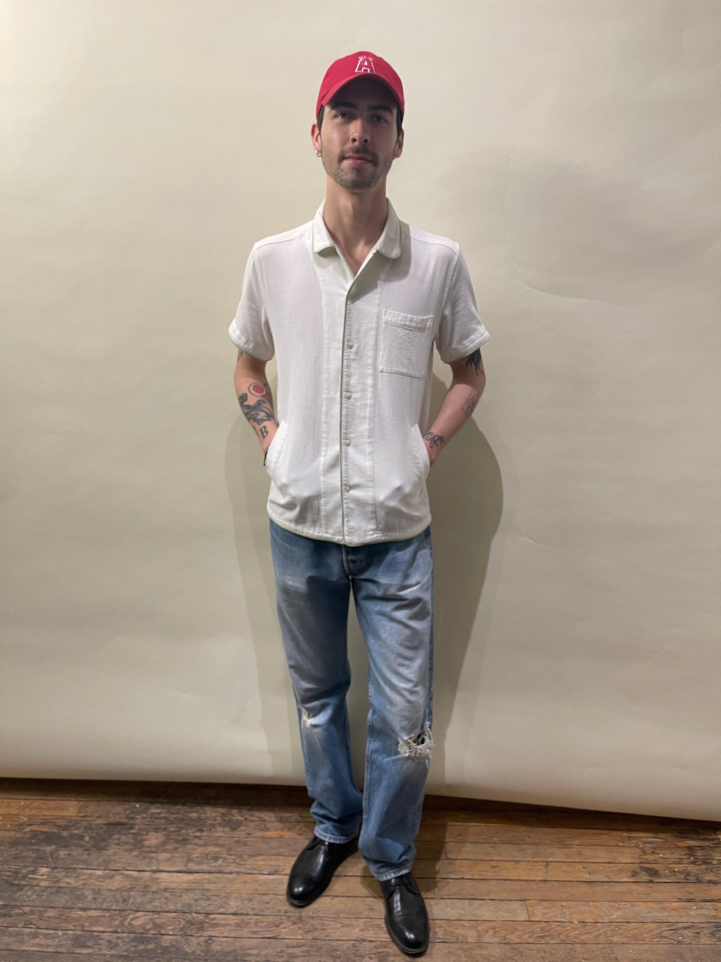 You Must Create Off White Textured Cotton Piped Camp Shirt Small - S