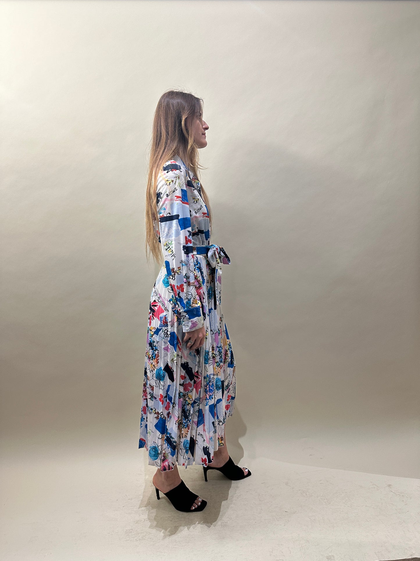 Marella White & Multicolour Sketch Graphic LS Dress Extra Large - XL