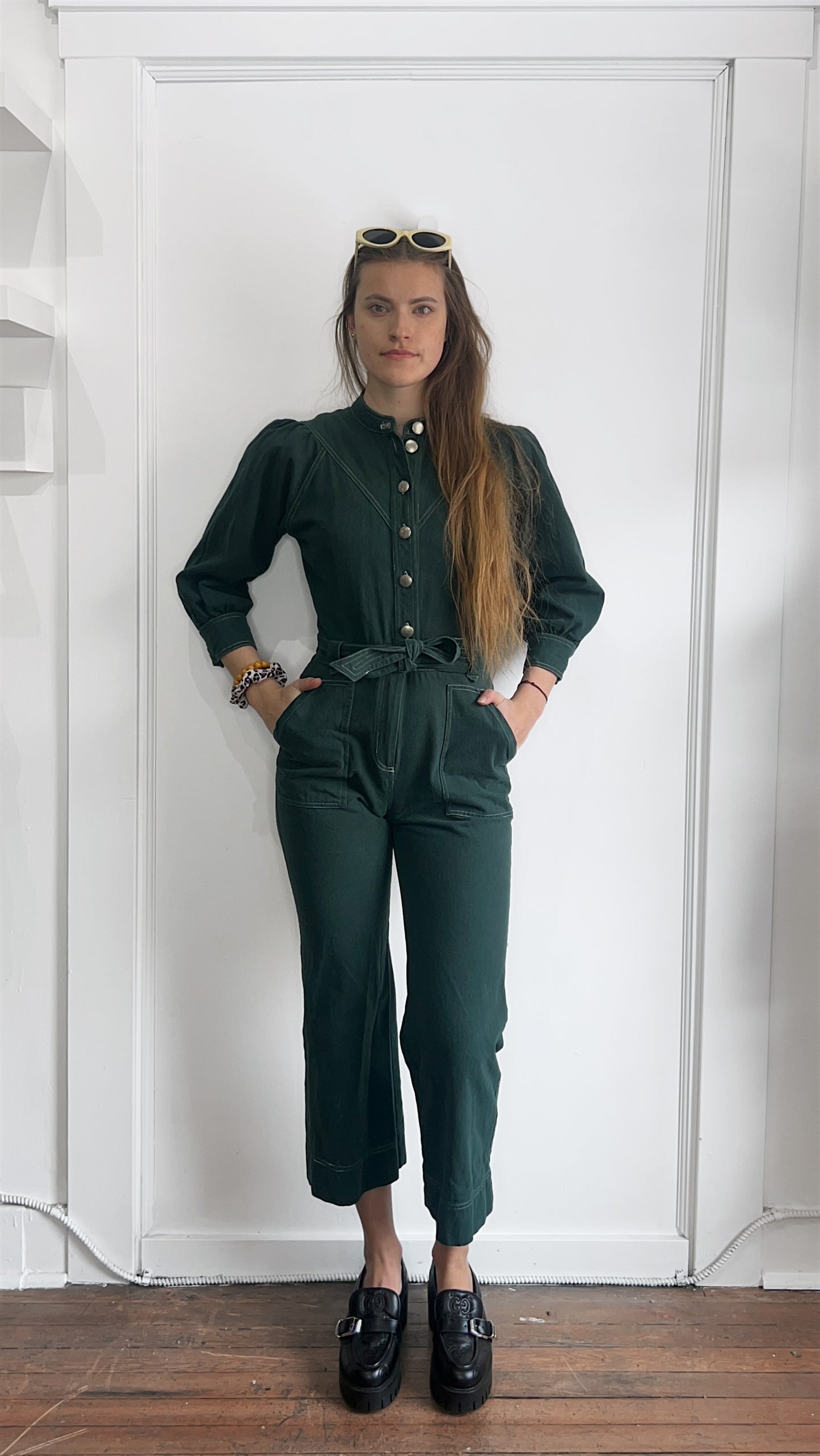 Suncoo Forest Green Denim Belted Jumpsuit Small