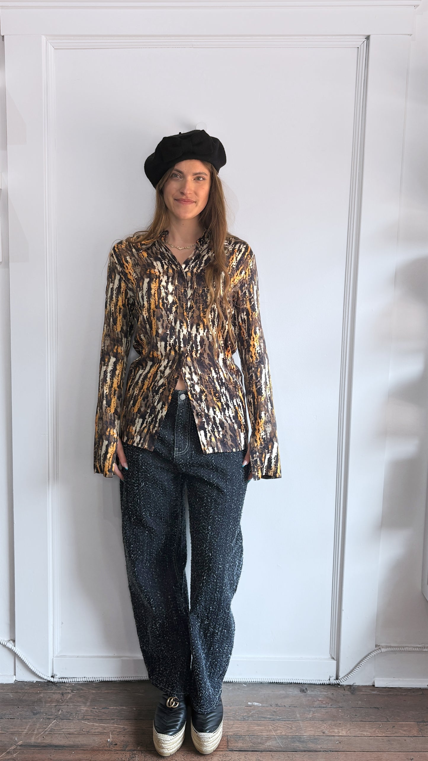 Nanushka Brown & Orange Cupro Blend Oava Watercolour Shirt Large