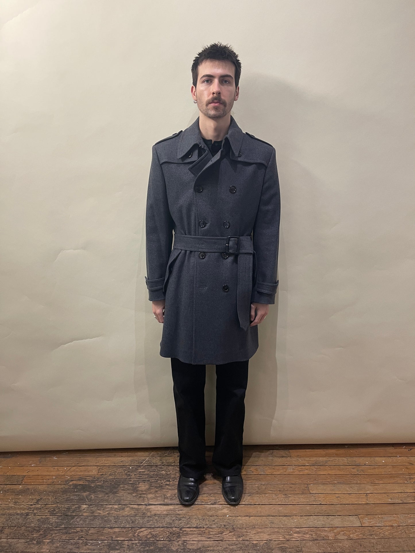 Burberry Dark Grey Wool Blend DB Belted Overcoat 42