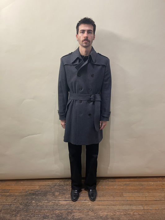 Burberry Dark Grey Wool Blend DB Belted Overcoat 42