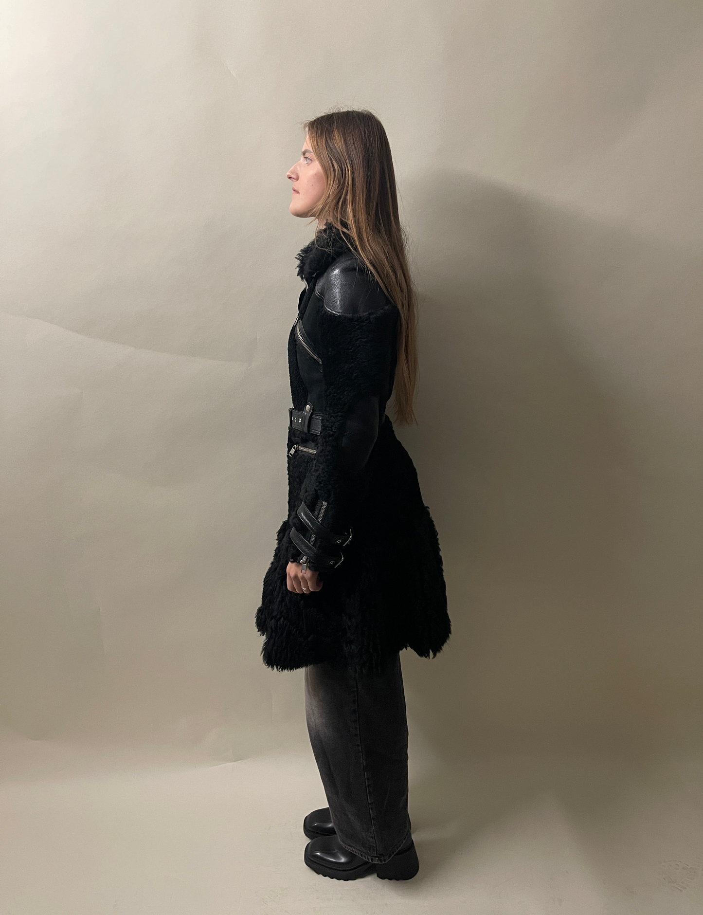 Alexander McQueen Black Buffalo Leather & Shearling Belted Overcoat 42