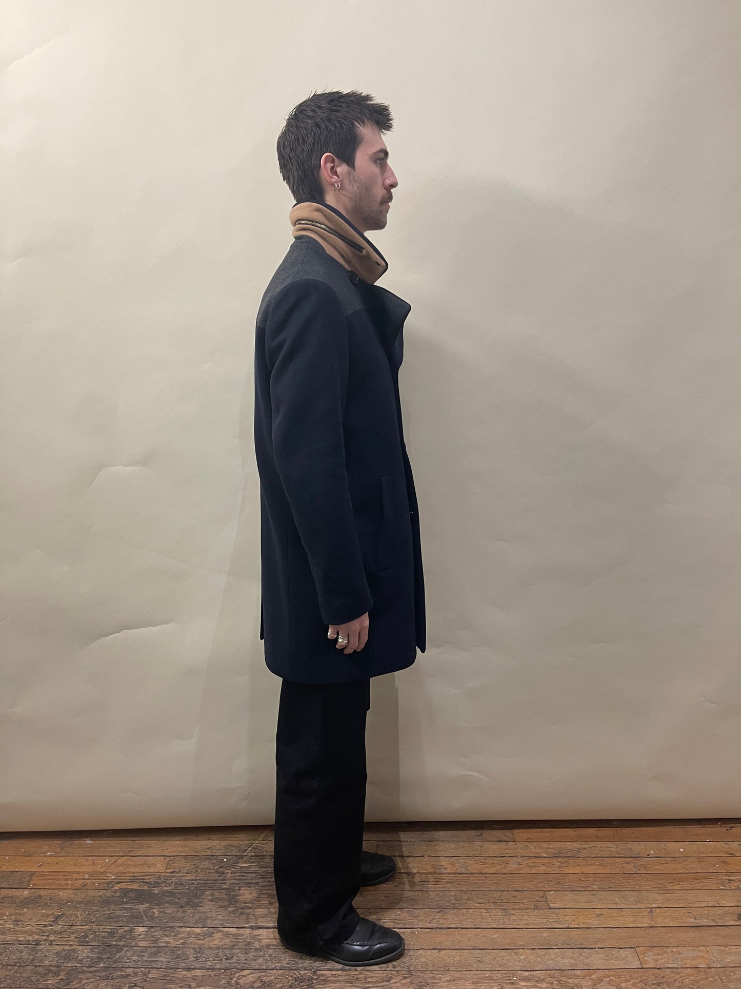 Paul Smith Navy, Grey, & Camel Colour Blocked Wool Blend DB Overcoat Large - L