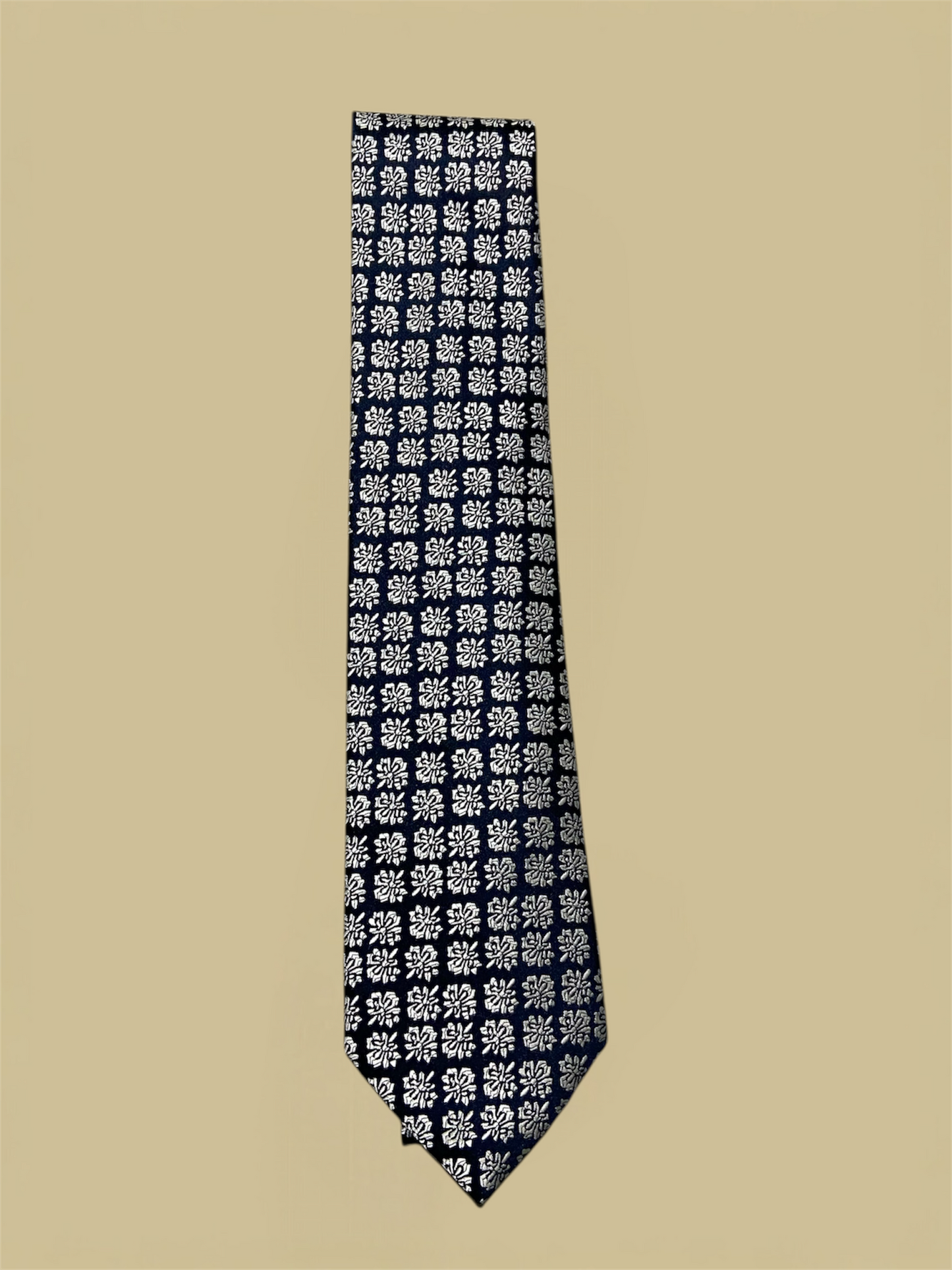 Charvet Navy & White Floral Square Pattern Silk Tie