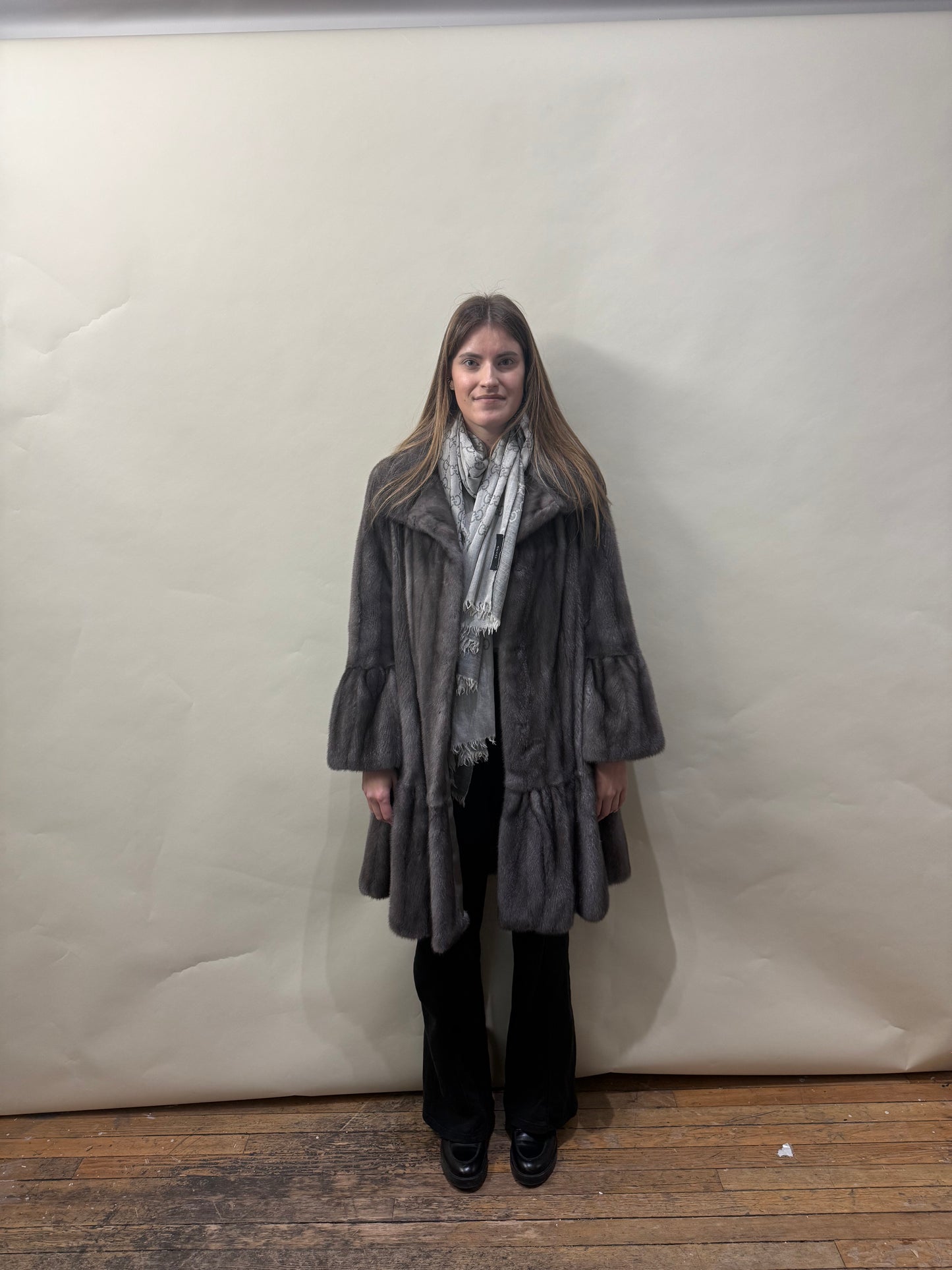 Bisang Couture Silver Mink Fur Ruched Coat Medium - M