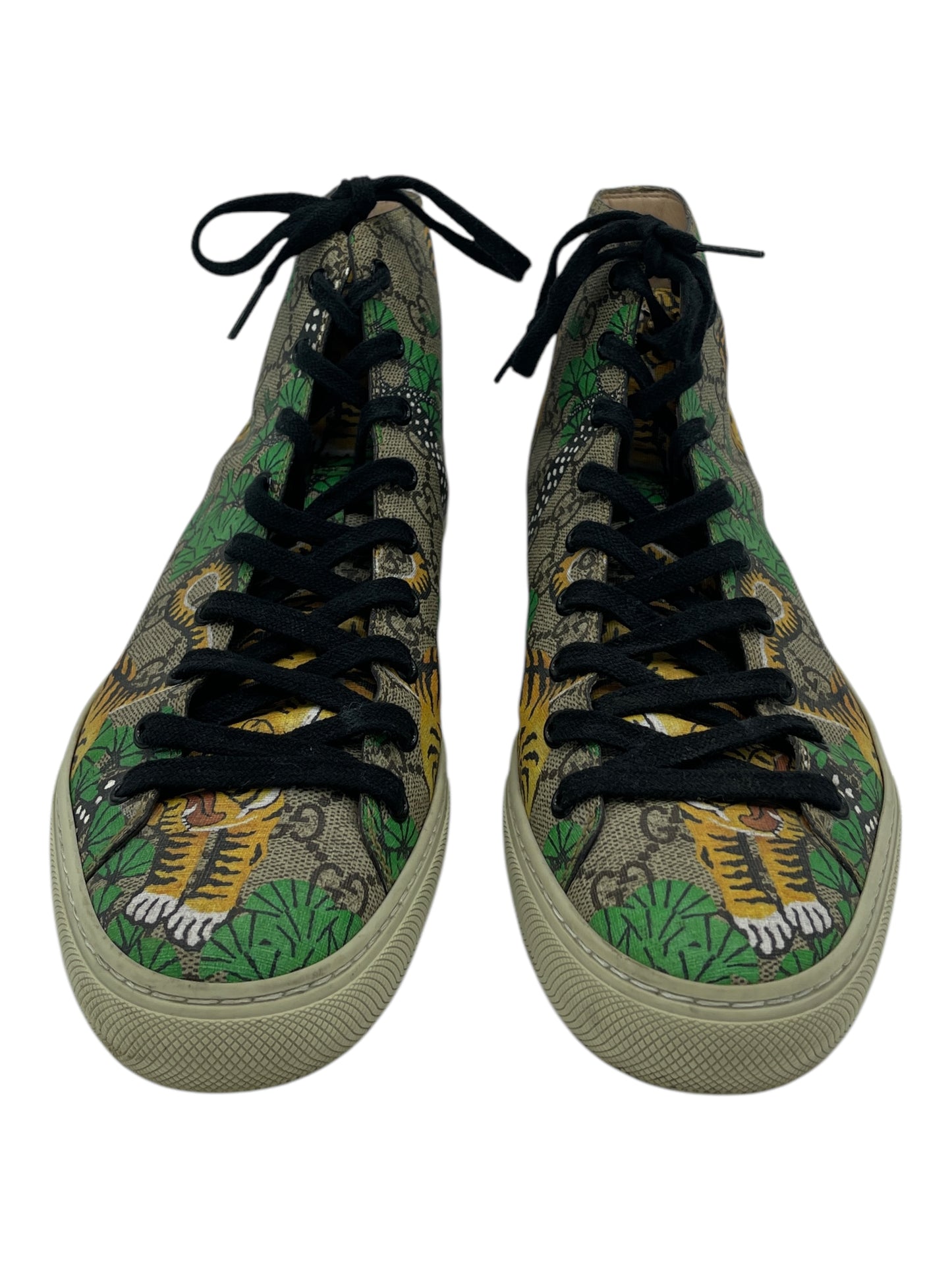 Gucci Tan, Green & Orange Monogram Tiger Print Coated Canvas High Top Sneakers 8 M / 9.5 W