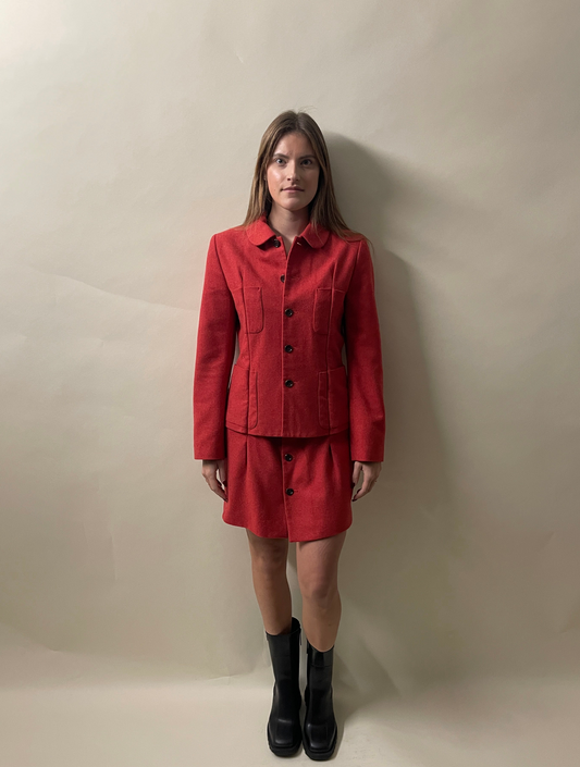 Comme Des Garcons Red Wool Blend Jacket & Skirt Dress Small - S