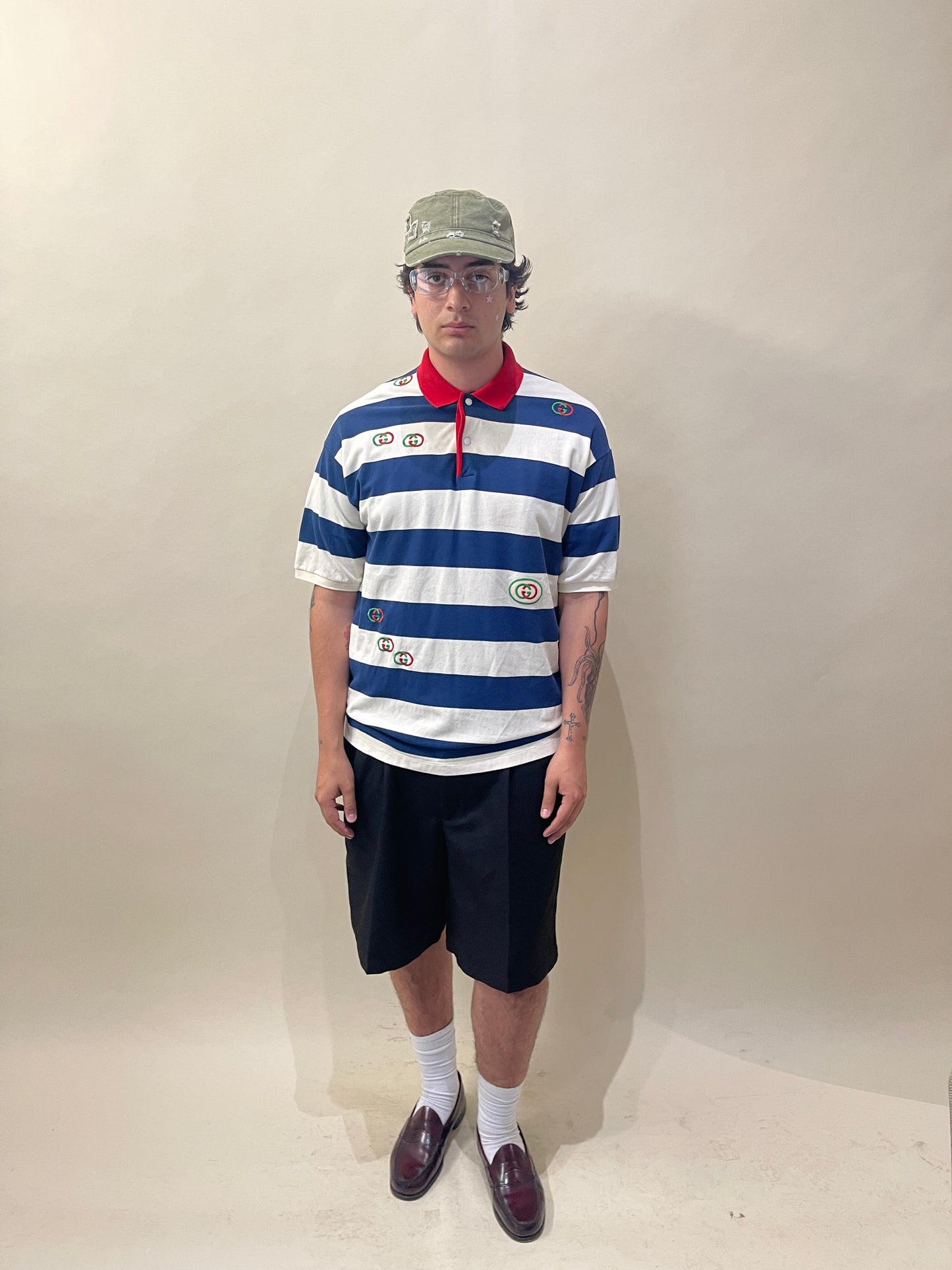 Gucci Navy & Cream Striped Cotton Pique Polo Extra Large - XL