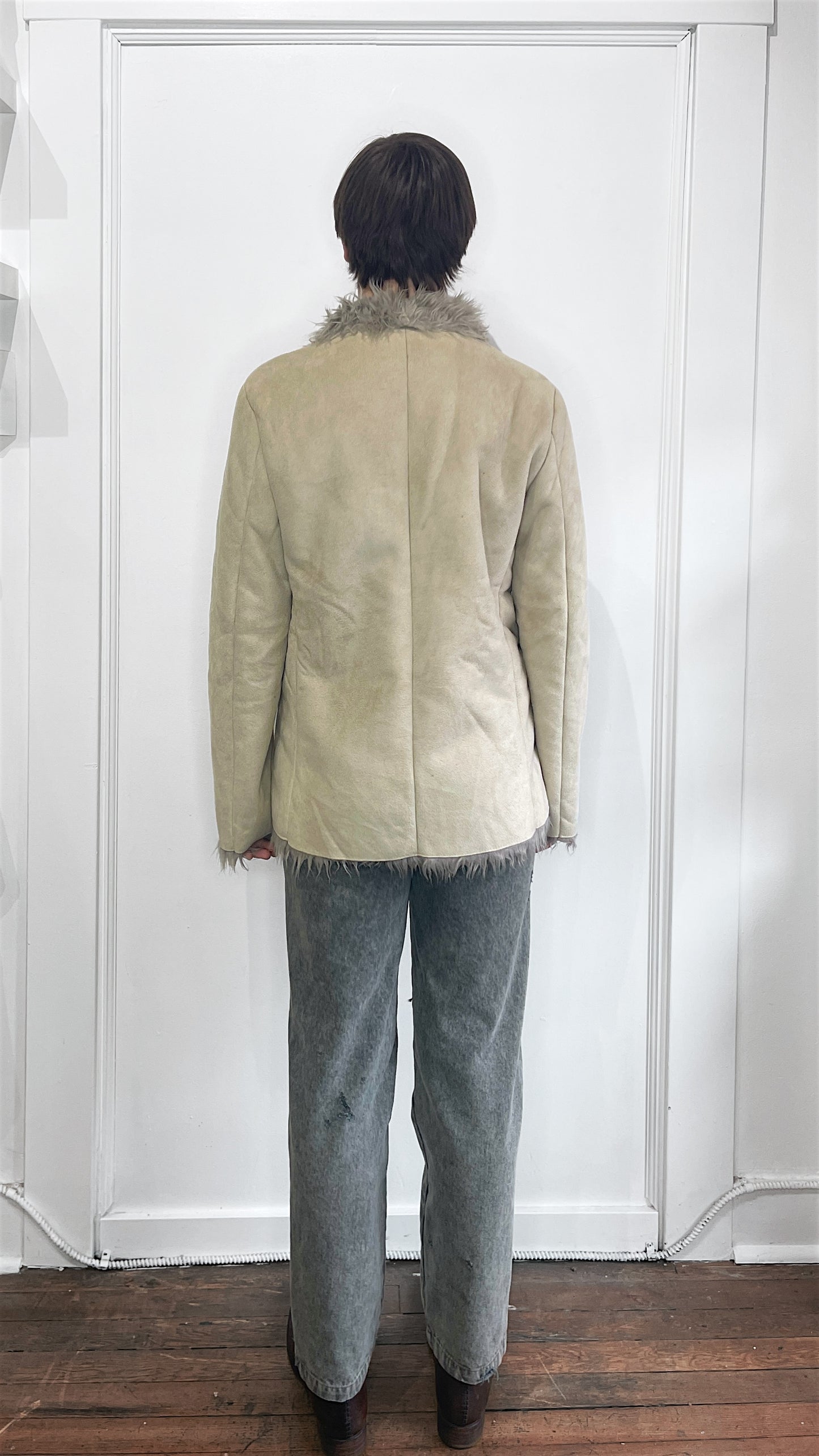 Semantic Design Light Tan Suede Fur Lined Mid Length Overcoat Large