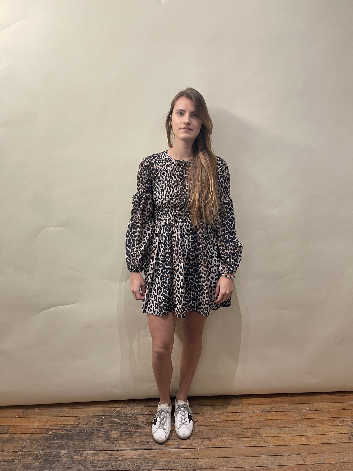 Ganni Leopard Print Cotton Silk Long Sleeve Midi Dress 34