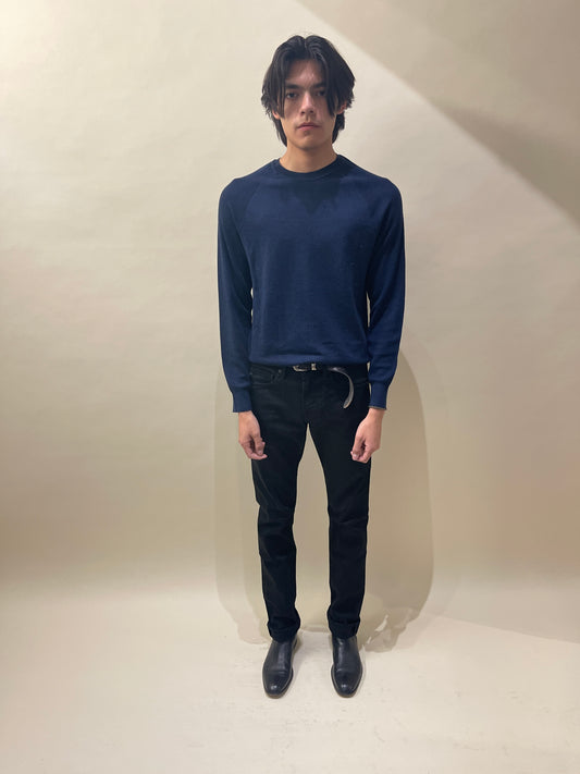 Patrick Assaraf Navy Blue Ribbed Sleeve Merino Wool Crewneck Sweater Medium - M