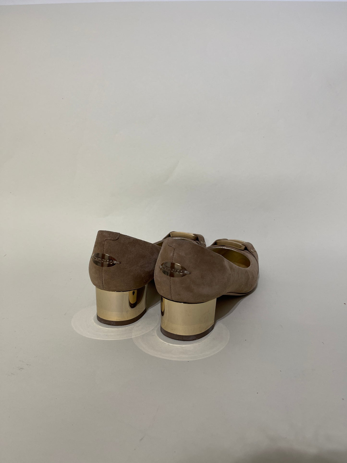 Jimmy Choo Beige Suede Buckle Front Block Heel Pumps 5 M / 6.5 W
