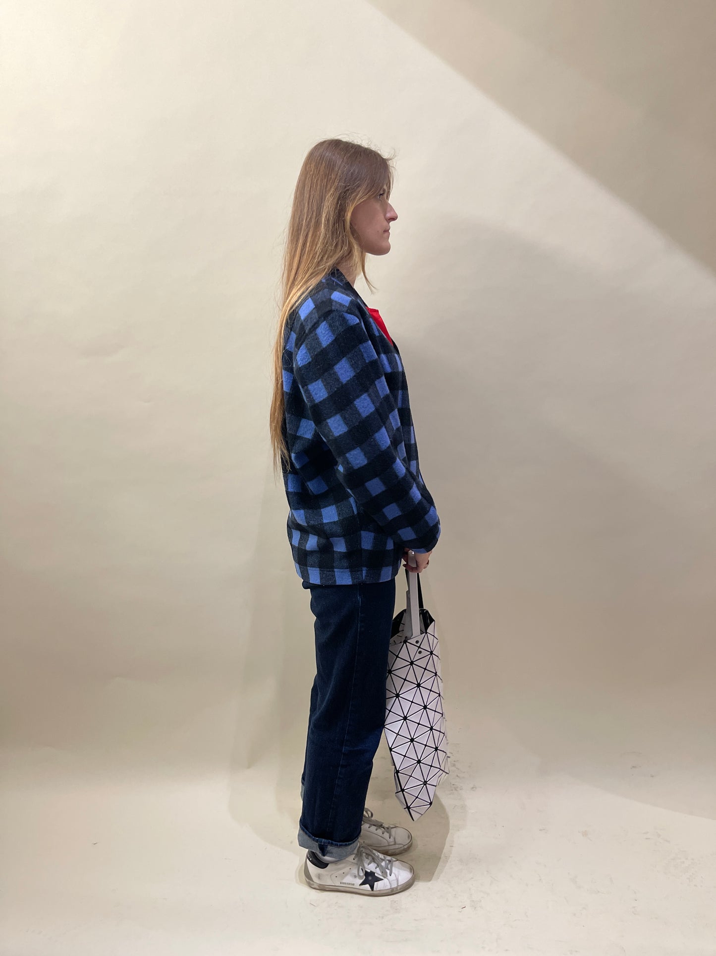 Issey Miyake Blue & Black Buffalo Plaid Asymmetrical Single Button Jacket Large - L