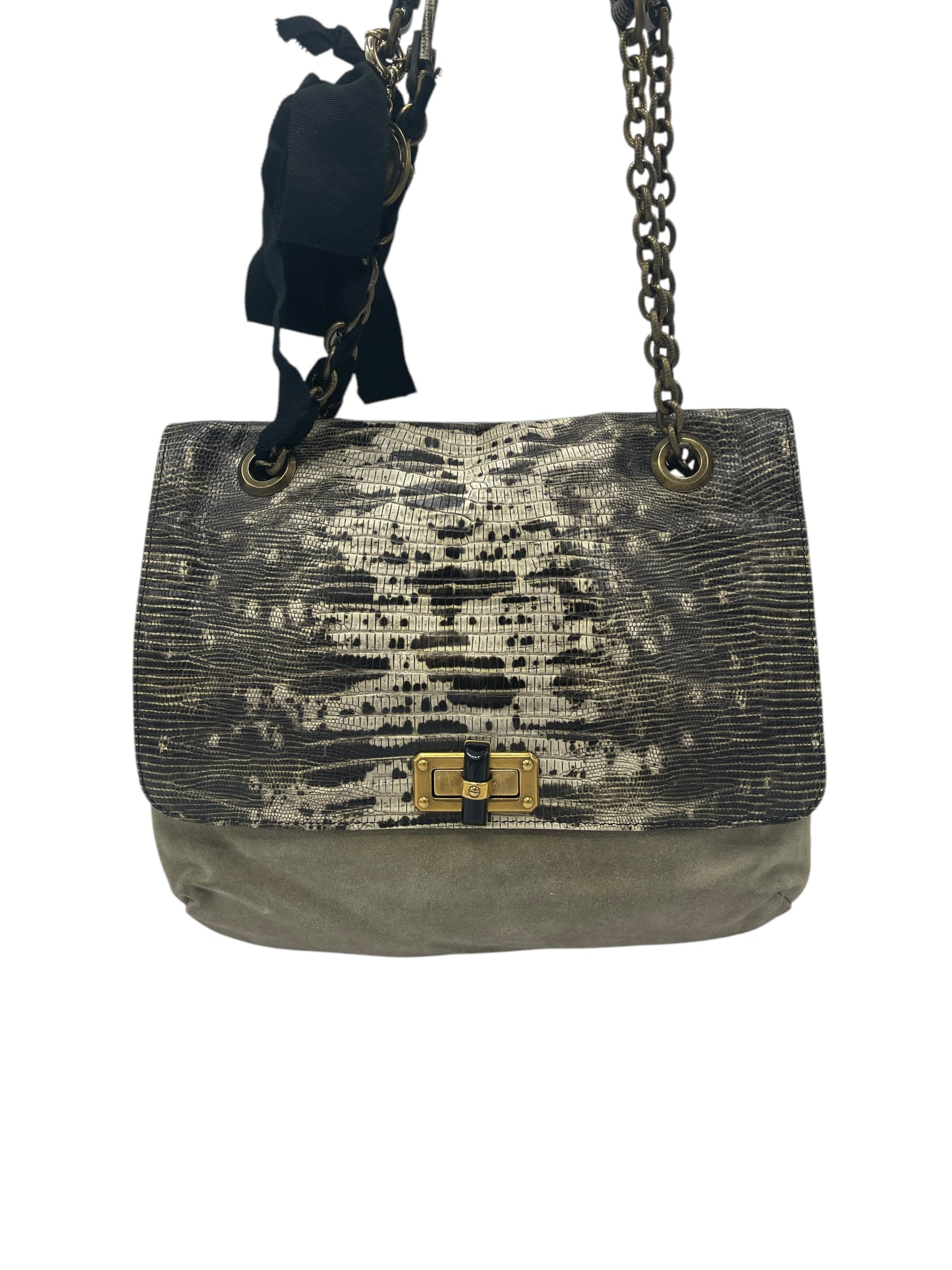 Lanvin Beige & Black Lizard Embossed Suede & Leather Happy Shoulder Bag