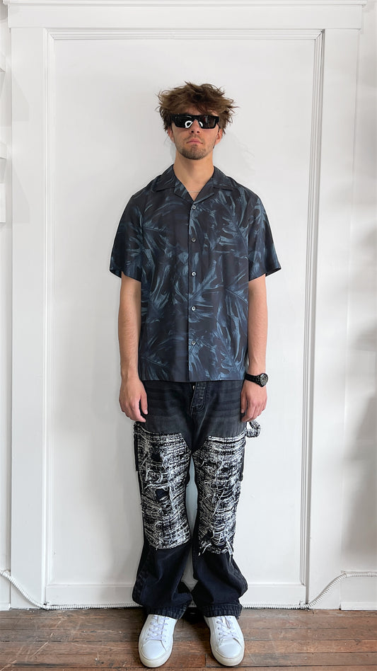 Theory Dark Slate Blue Tonal Leaf Print Lyocell Camp Shirt Medium