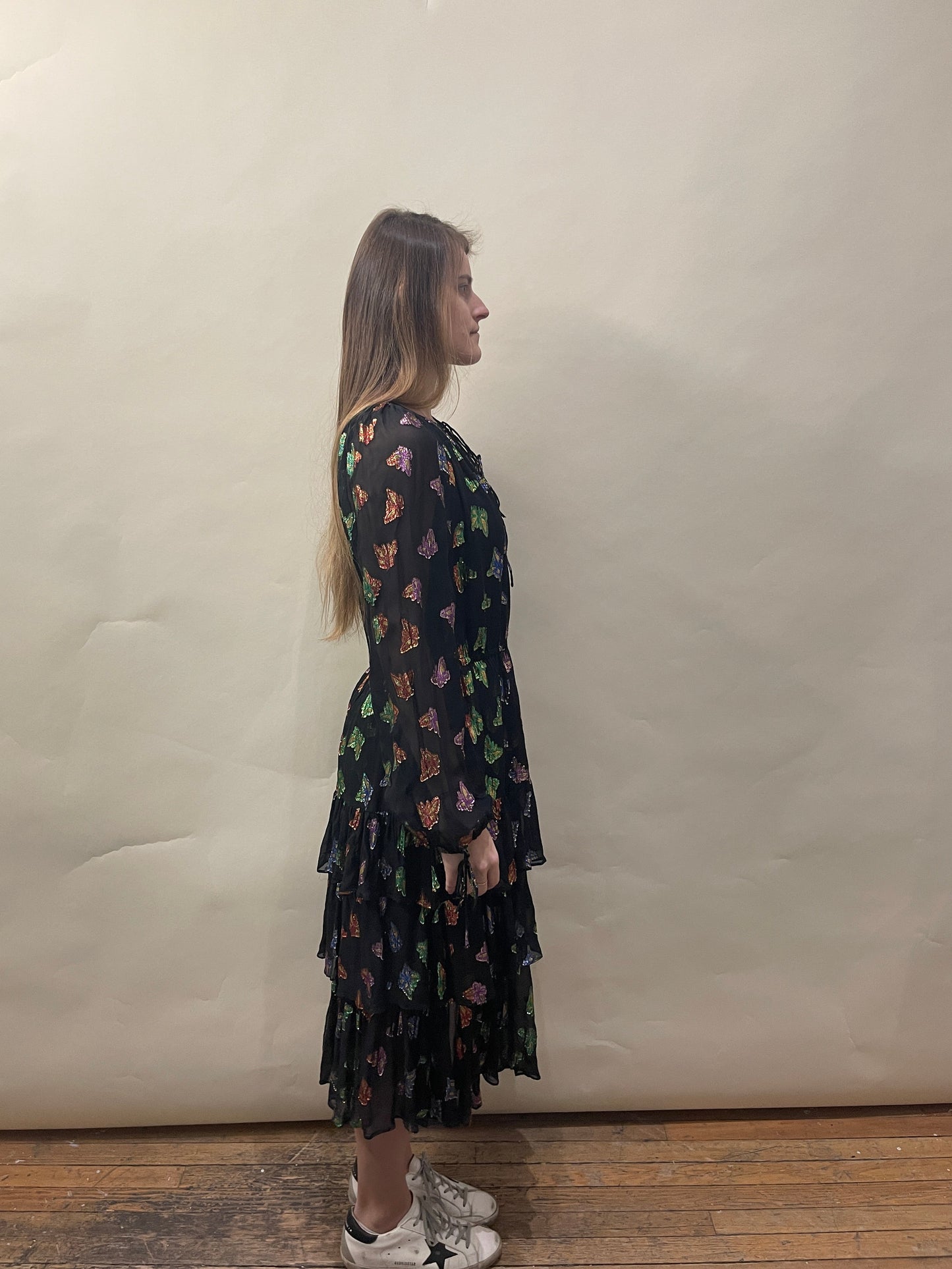 The Kooples Black & Multicolour Butterfly Motif Sheer Silk Dress Medium - M