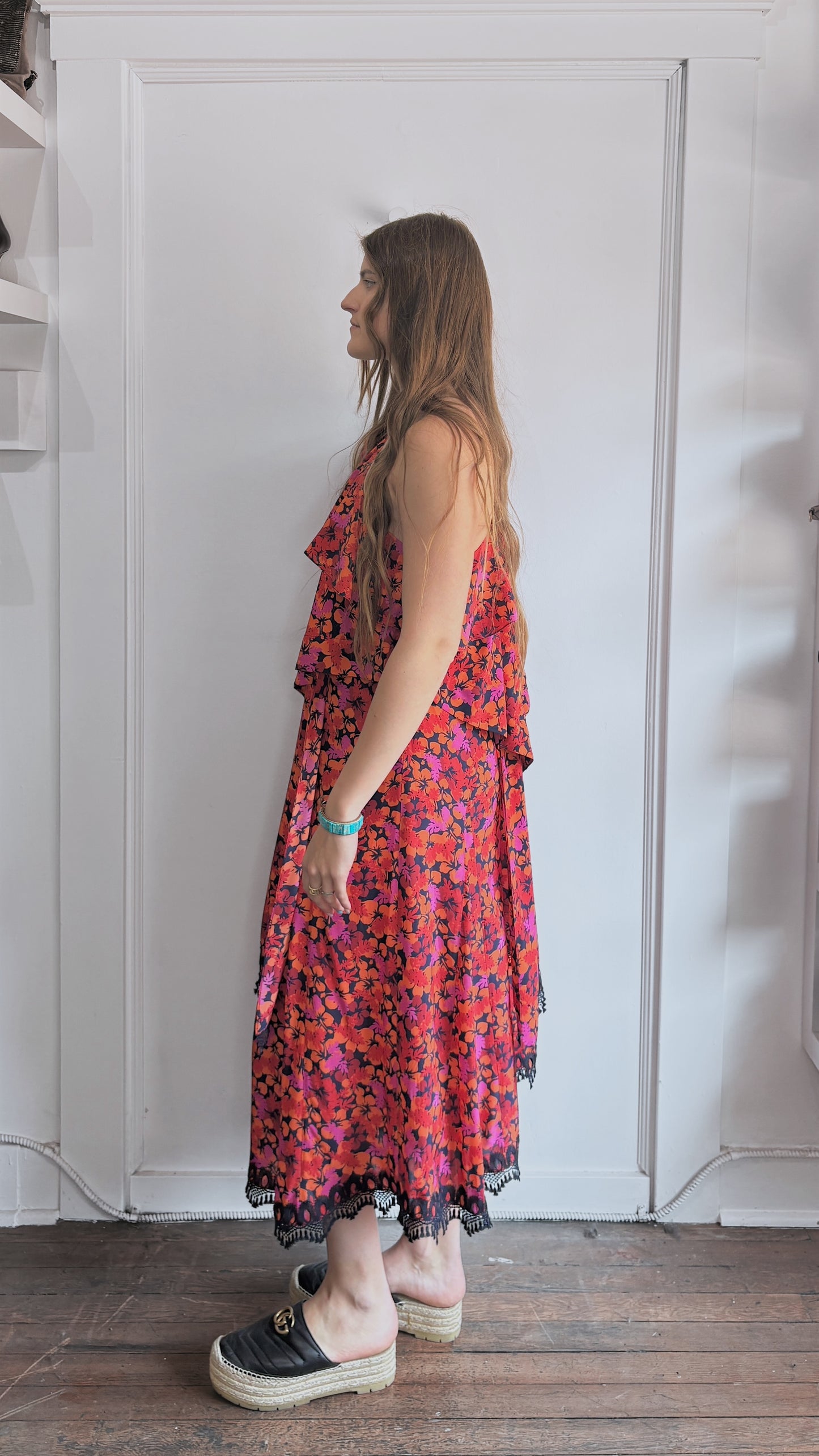 Derek Lam Orange, Red, & Pink Floral Single Shoulder Tiered Dress 6