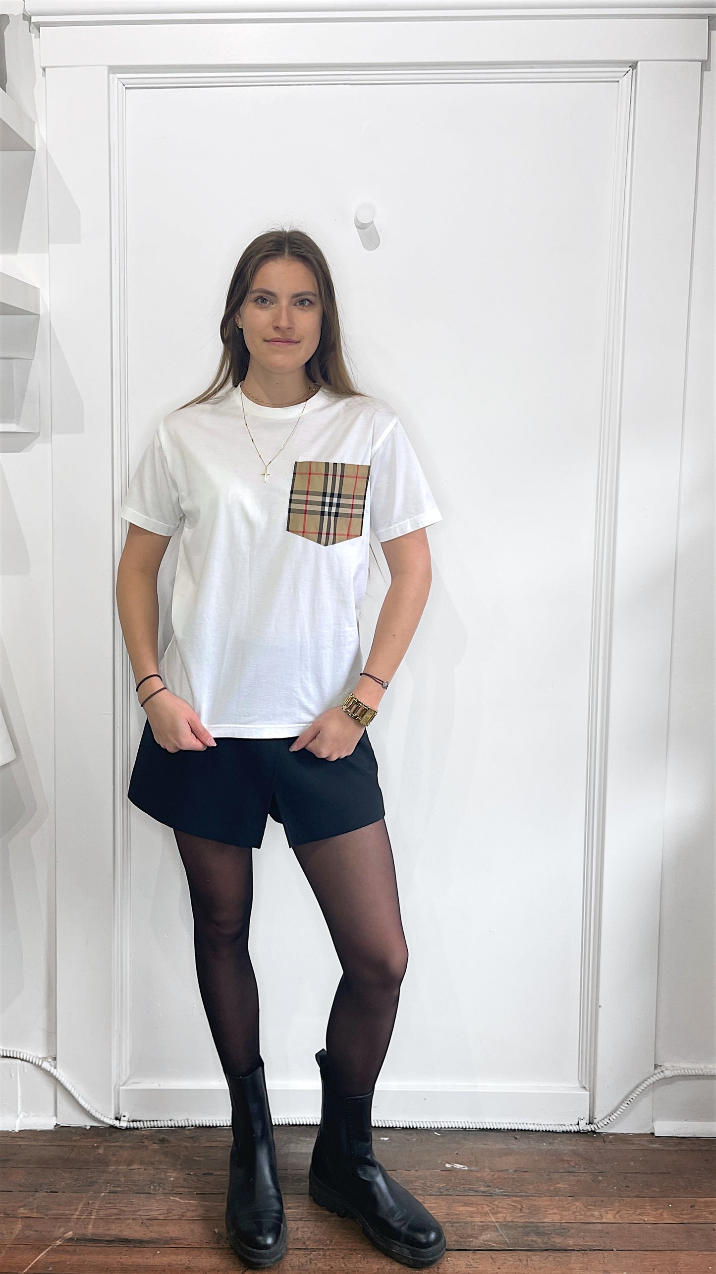 Burberry White Nova Check Pocket SS T-Shirt XXS