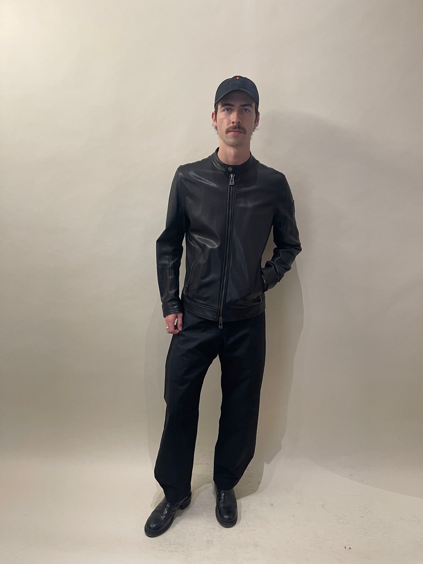 Belstaff Black Leather Cafe Racer Jacket 38