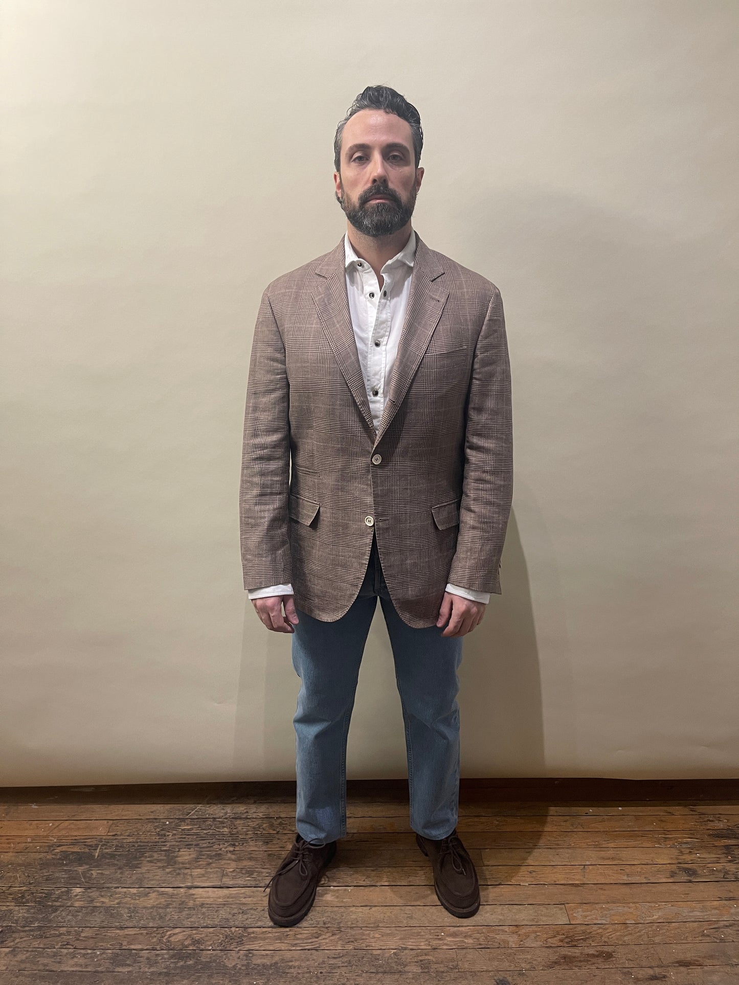 Brunello Cucinelli Beige & Brown Glen Check Linen Wool Silk Sport Coat 44