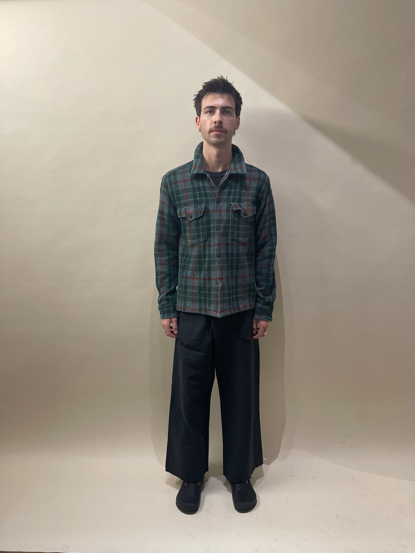 Corridor Green & Brick Plaid Waffle Cotton Overshirt Medium - M