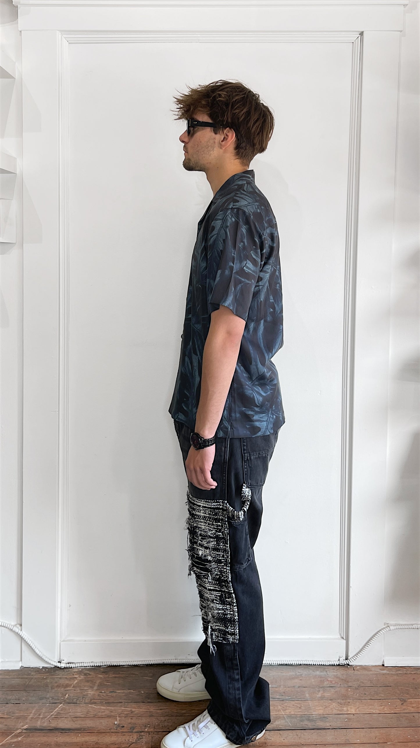Theory Dark Slate Blue Tonal Leaf Print Lyocell Camp Shirt Medium