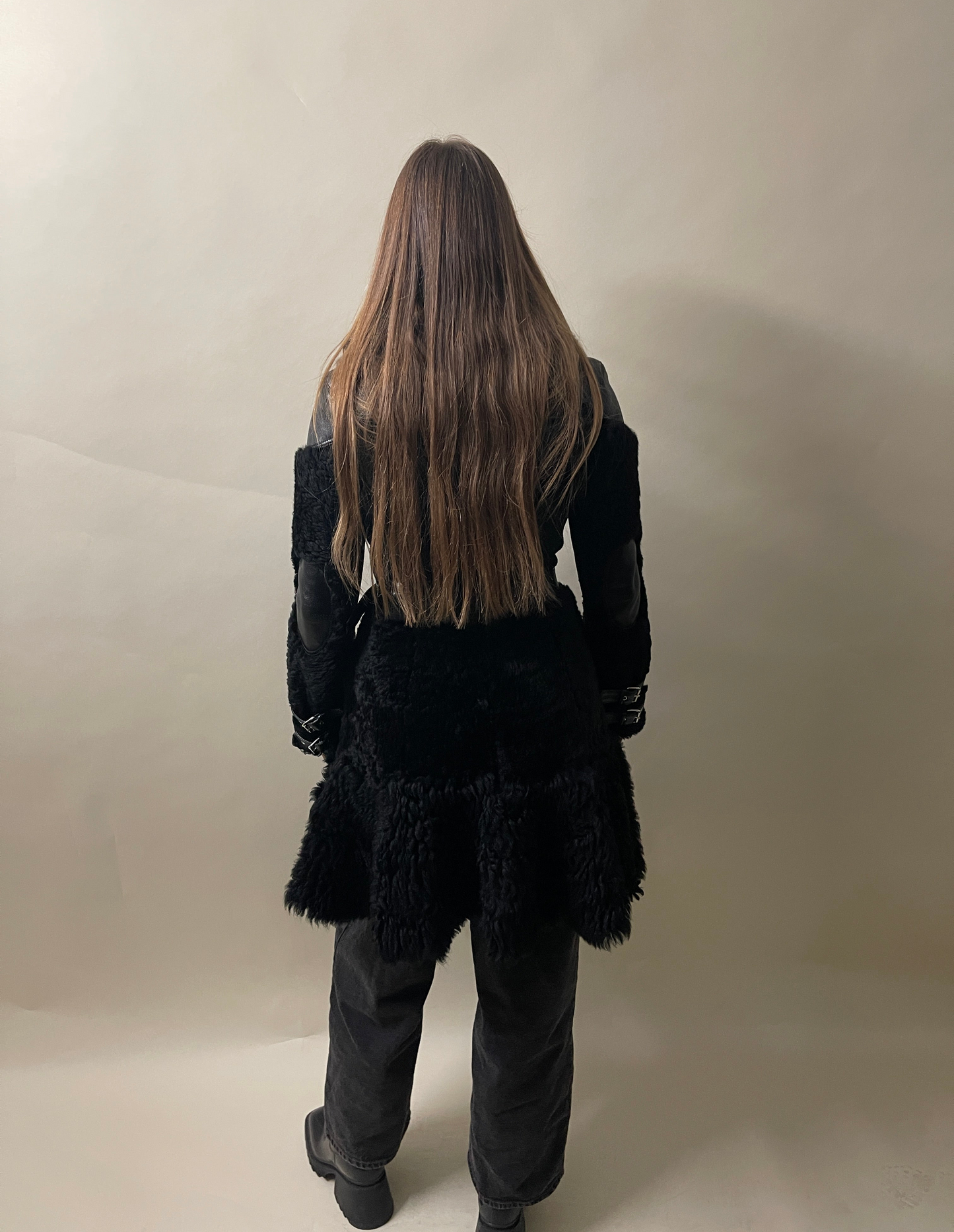 Alexander McQueen Black Buffalo Leather & Shearling Belted Overcoat 42