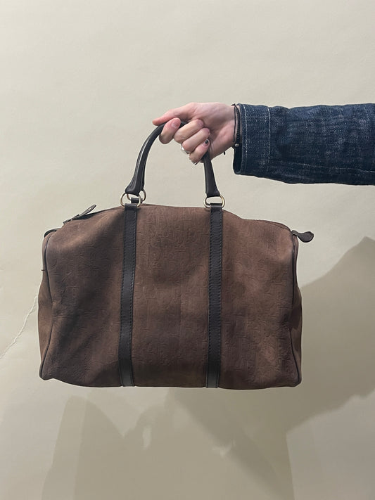 Christian Dior Brown Suede Embossed Monogram Trotter Boston Bag