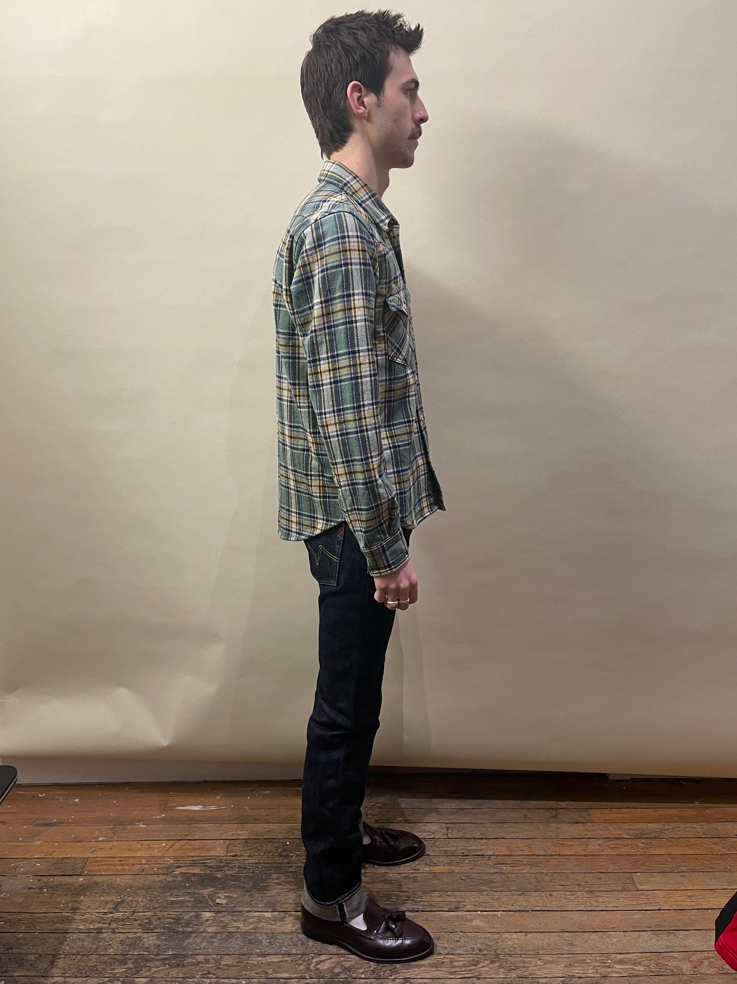 Iron Heart Green, Yellow, & Navy Plaid Heavy Western Flannel Large - L