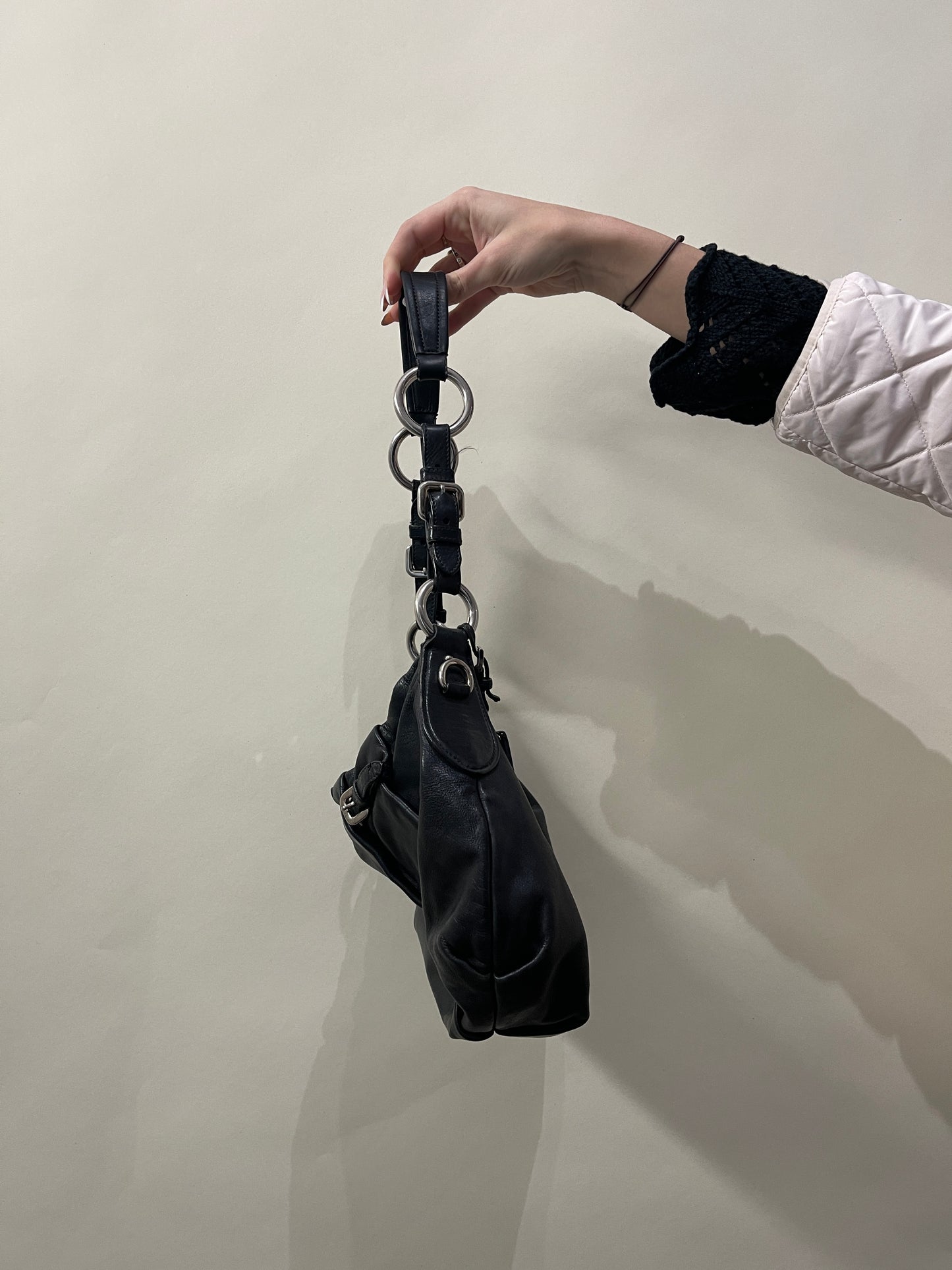 Prada Black Pleated Leather Hobo Bag