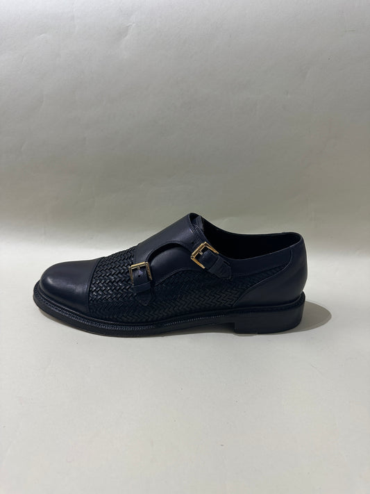 Brioni Navy Blue Leather Woven Monk Strap Dress Shoes 10 M / 11.5 W