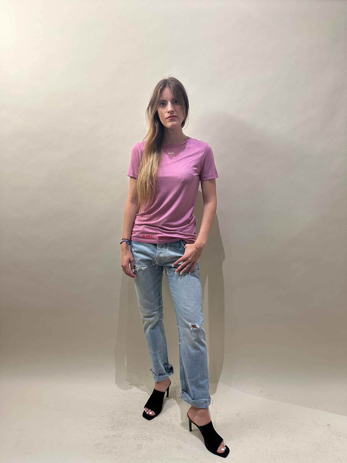 Off-White Pink Lyocell Blend 'Global Warming' T-Shirt Medium - M