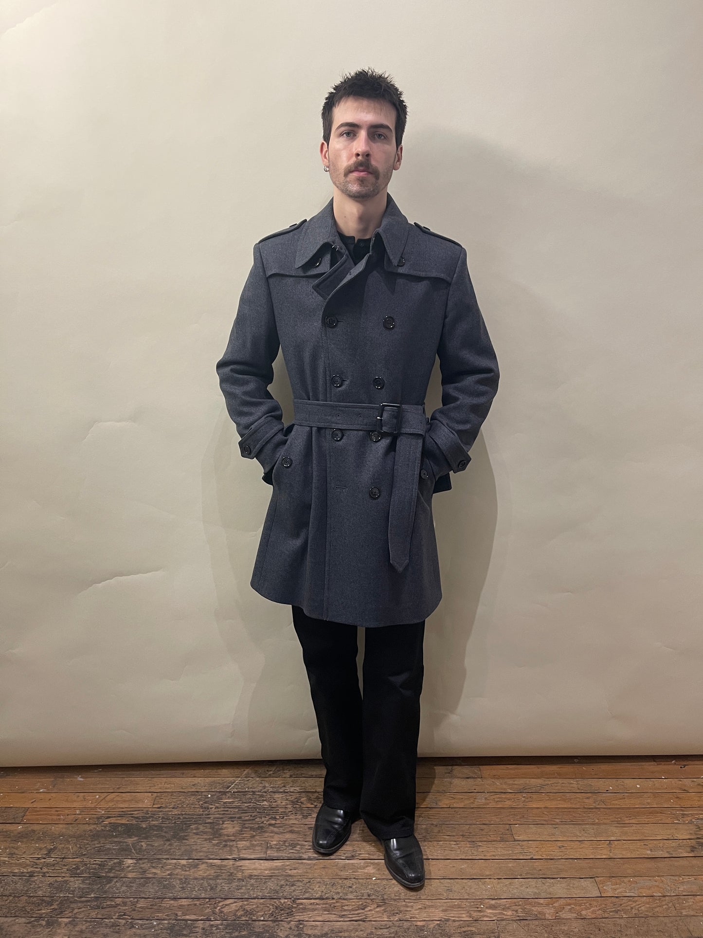 Burberry Dark Grey Wool Blend DB Belted Overcoat 42