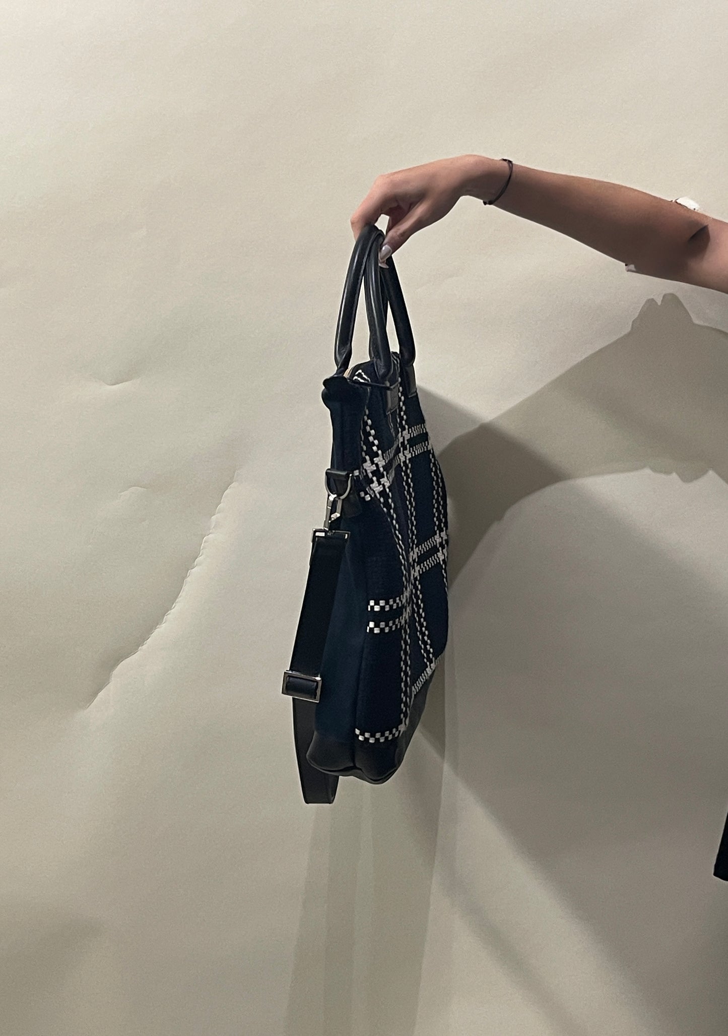 Want Les Essentiels Navy, Black, & White Woven Cotton & Leather Tote Bag