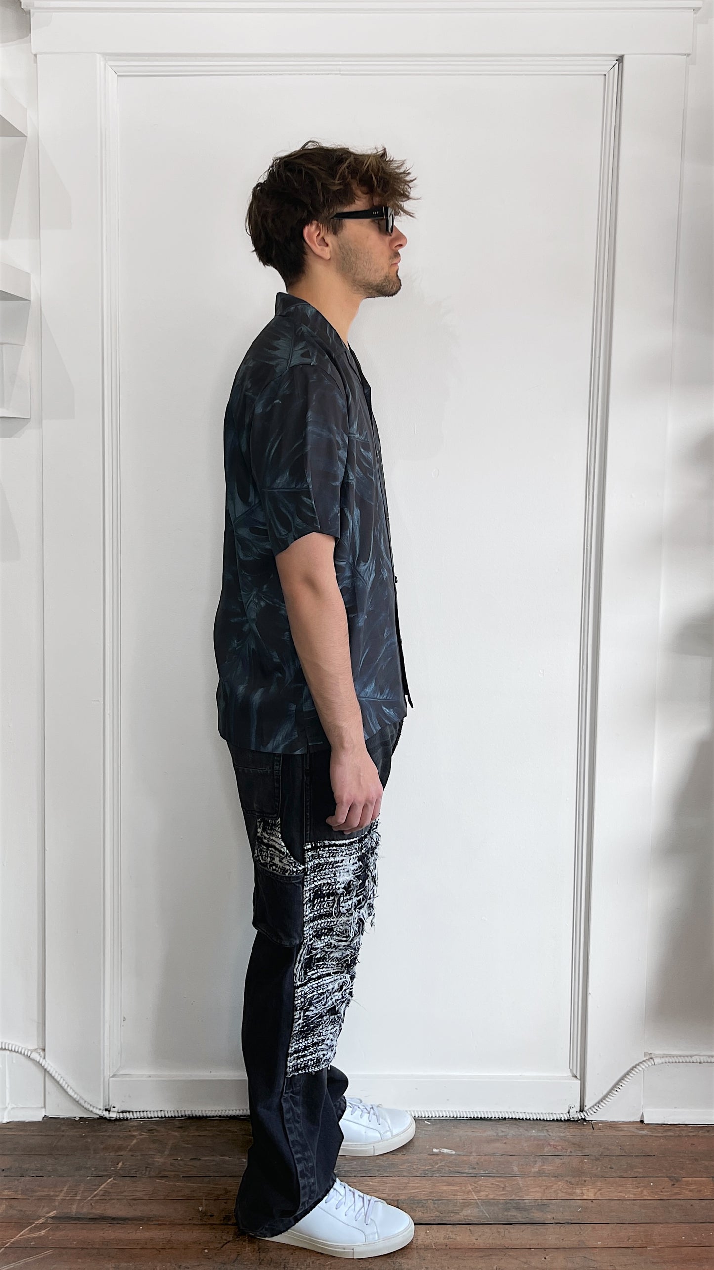 Theory Dark Slate Blue Tonal Leaf Print Lyocell Camp Shirt Medium