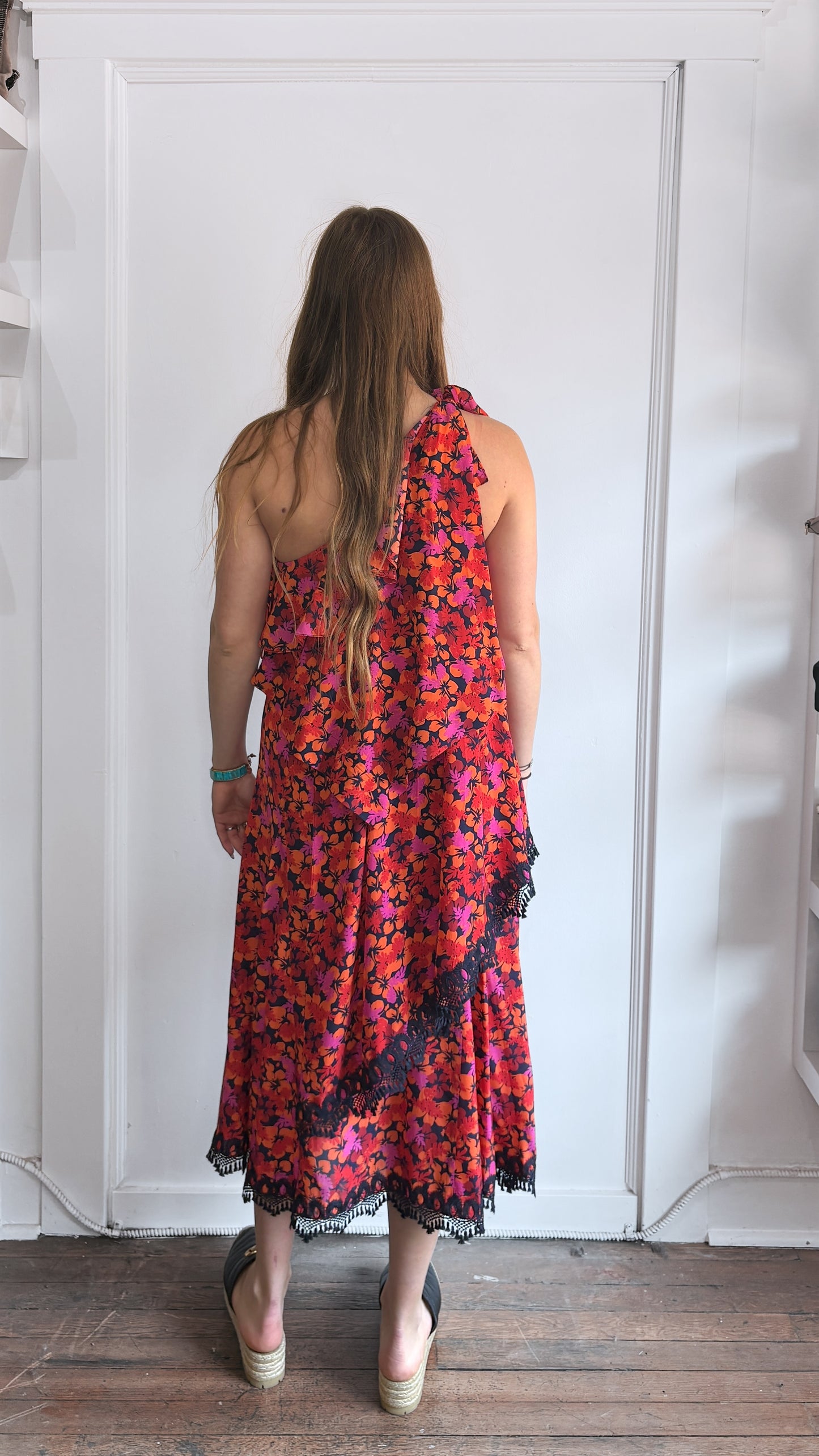 Derek Lam Orange, Red, & Pink Floral Single Shoulder Tiered Dress 6