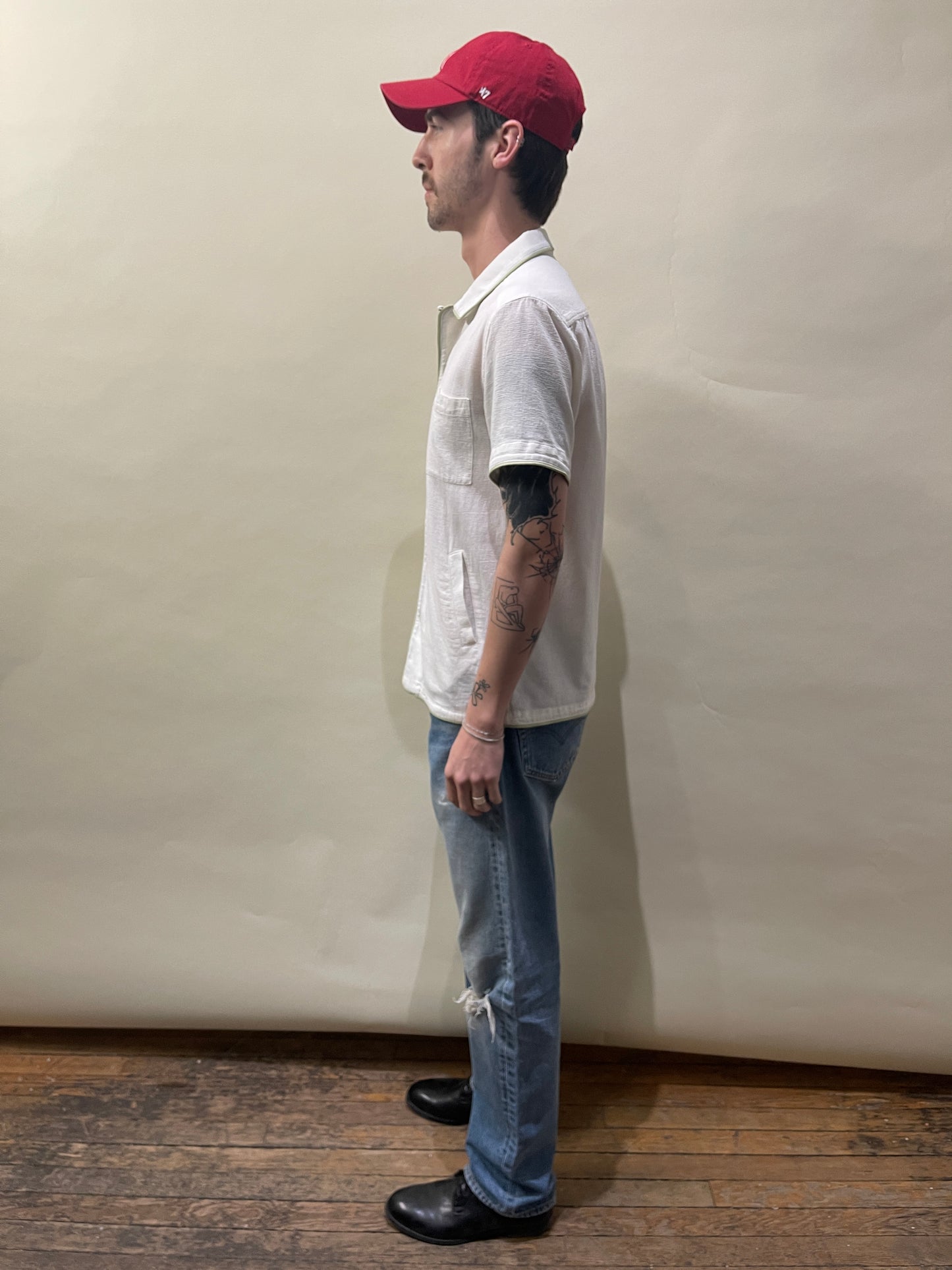 You Must Create Off White Textured Cotton Piped Camp Shirt Small - S