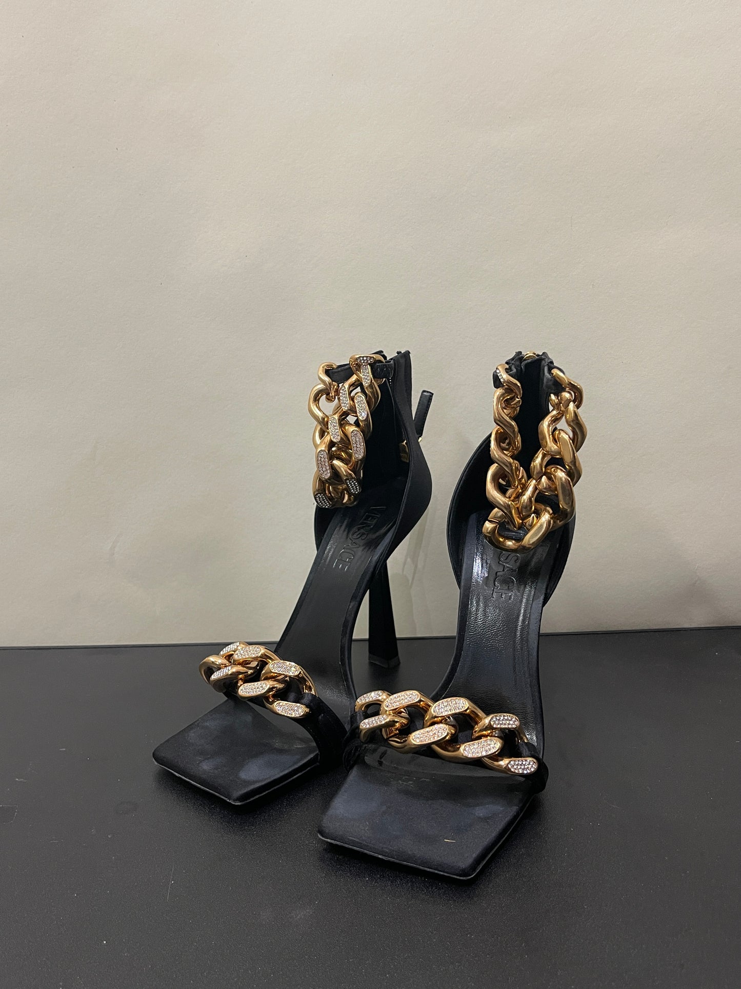 Versace Black Satin Medusa Chain High Heel Sandals 7.5 M / 9 W