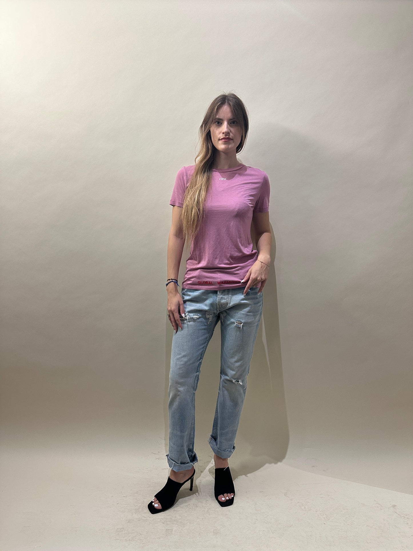 Off-White Pink Lyocell Blend 'Global Warming' T-Shirt Medium - M