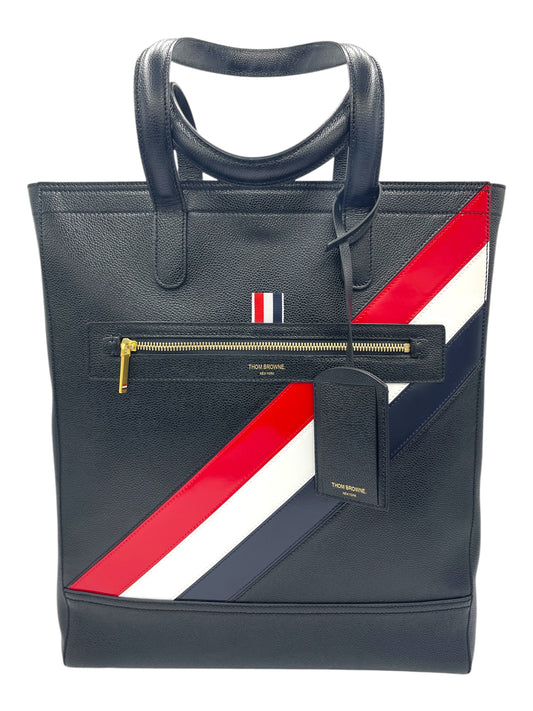 Thom Browne Black Pebbled Leather Stripe Tote Bag