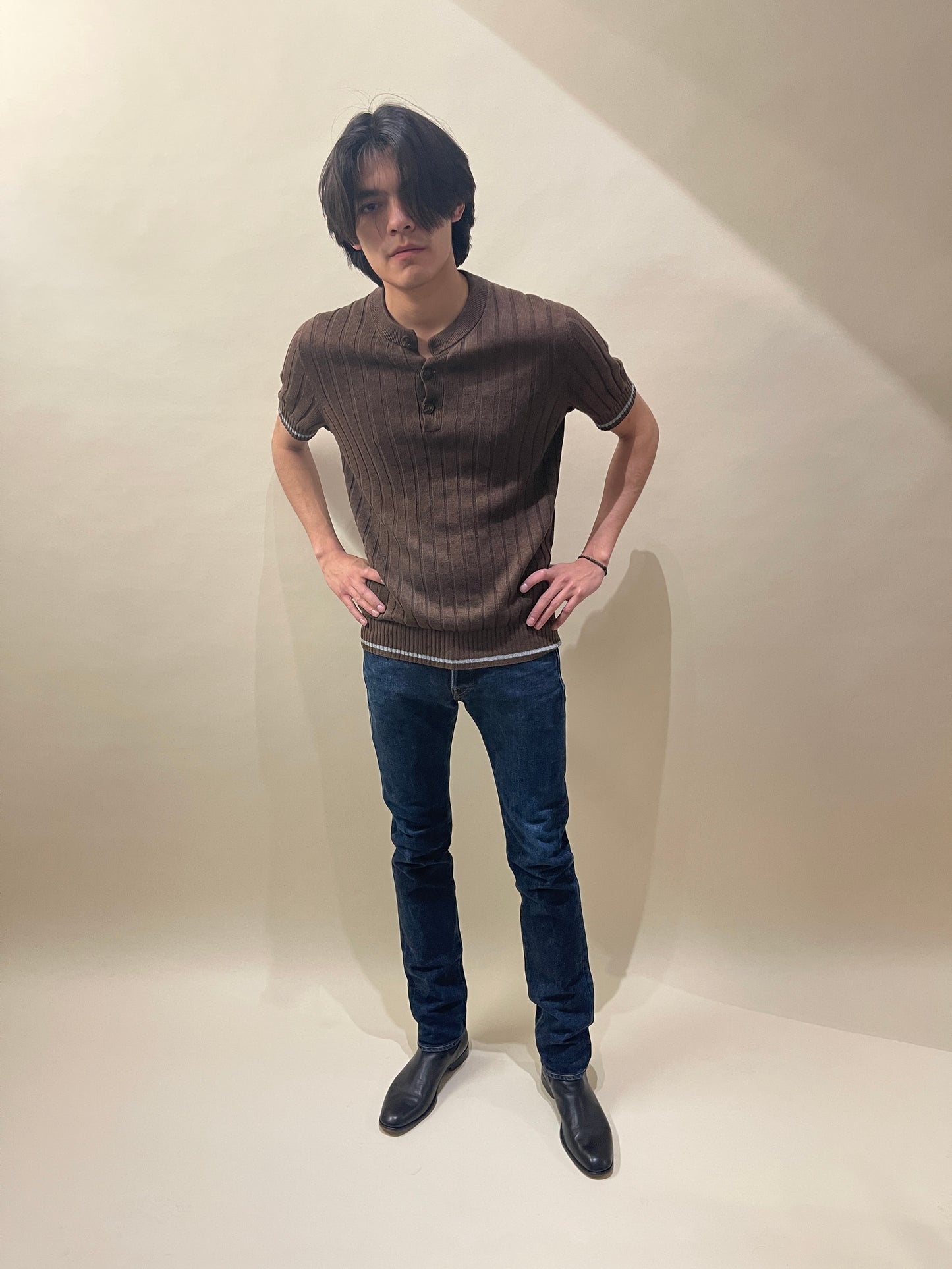 Brunello Cucinelli Dark Brown Cotton Ribbed Knit Crewneck SS Henley 40