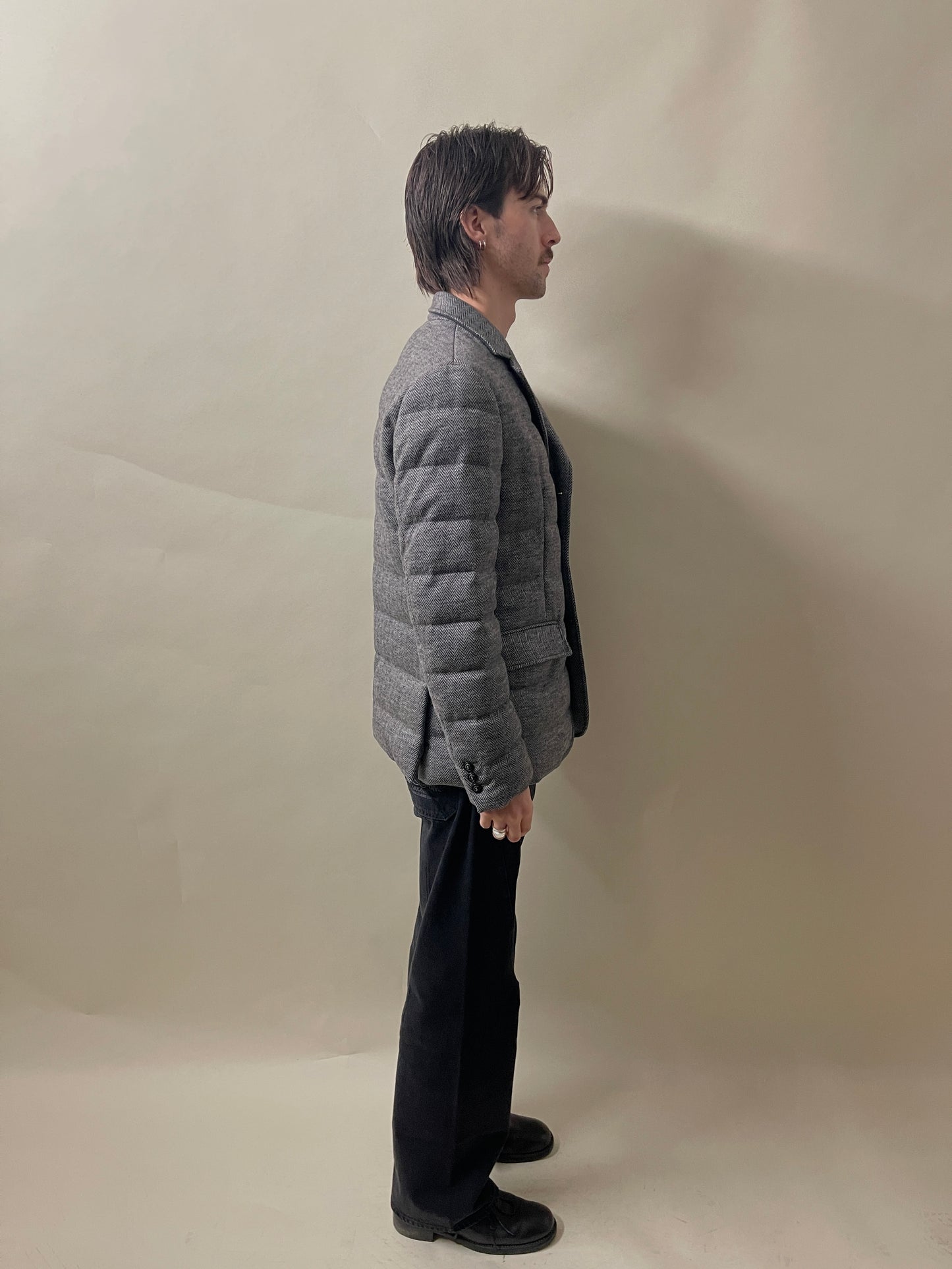Moncler Grey Herringbone Wool Down Filled Rodin Jacket Medium - M