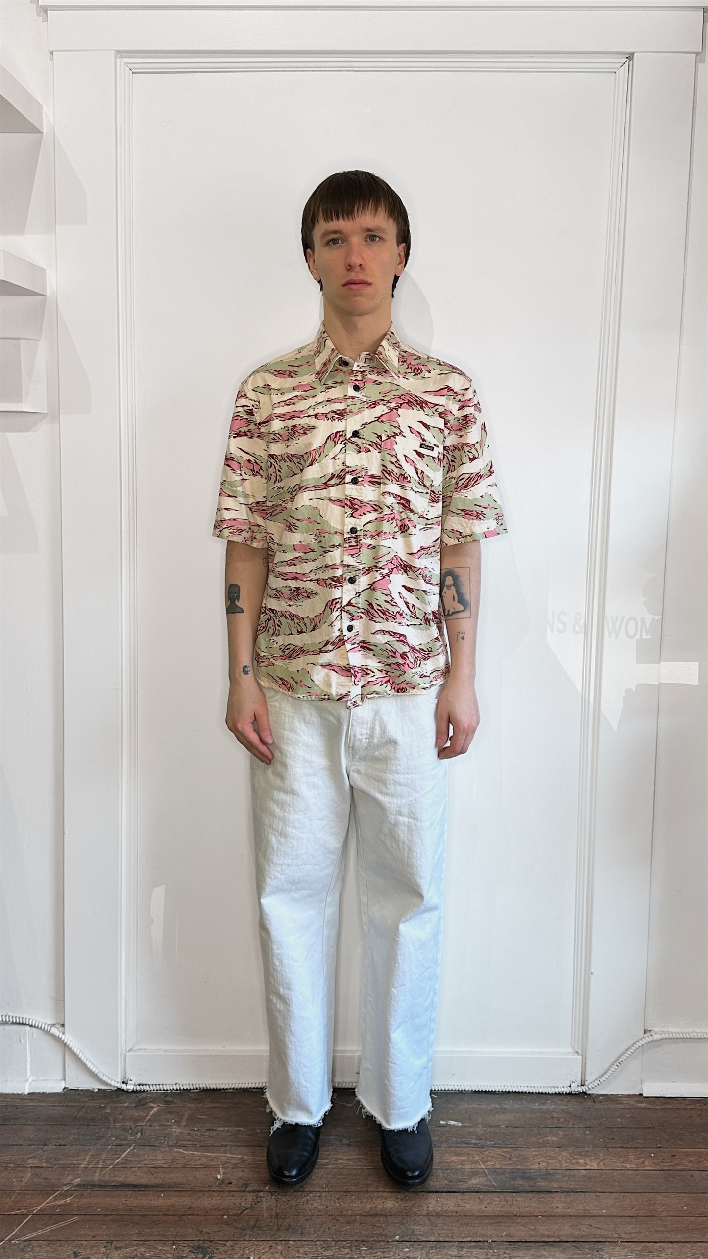 Diesel Cream, Pink, & Green Tiger Camo SS Button Up Shirt Small